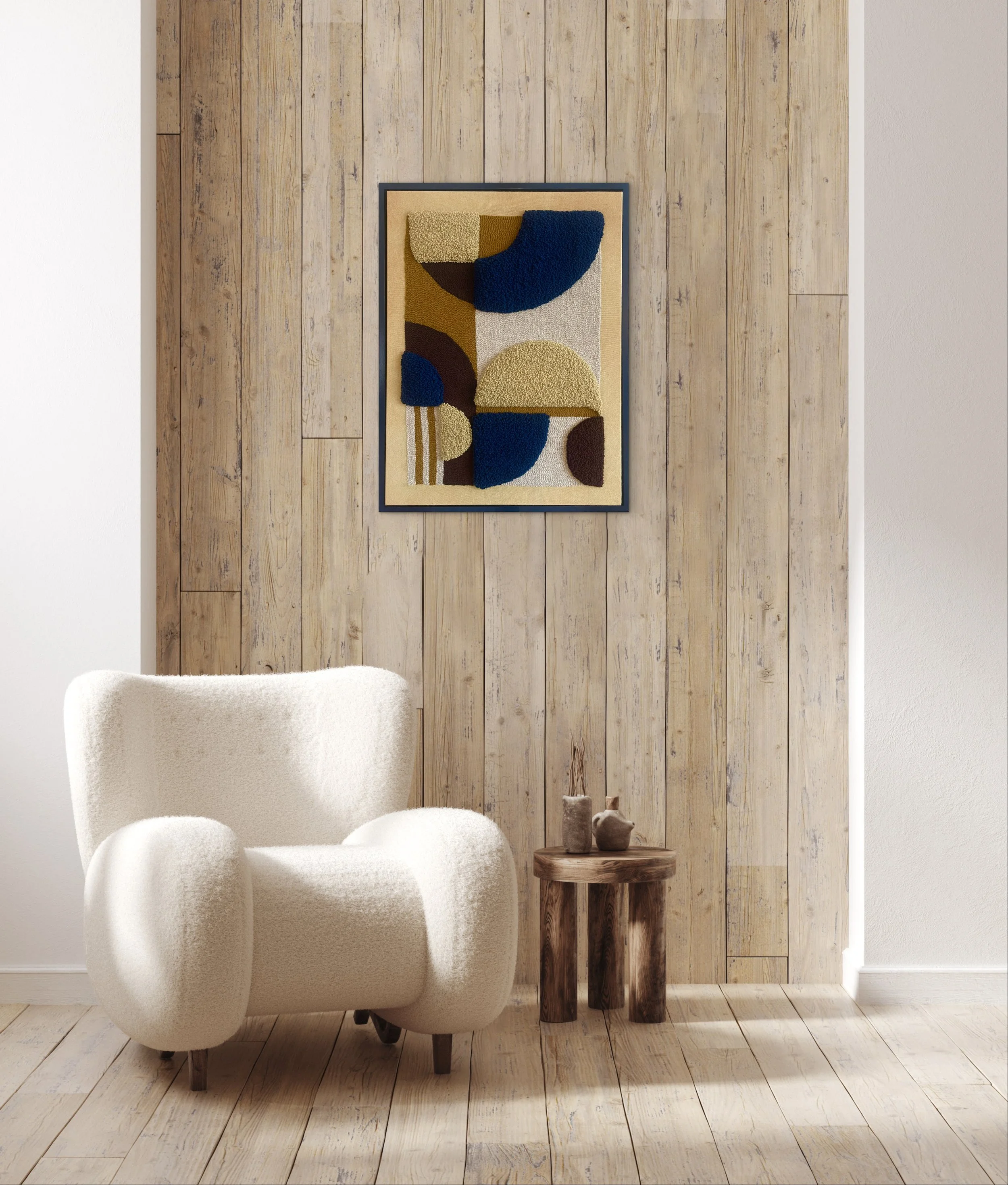A cozy interior featuring a cream-colored plush armchair with dark wooden legs, a rustic round wooden side table with two carved wooden vases, a wooden plank wall in the background, and a beige rug with an abstract geometric pattern.