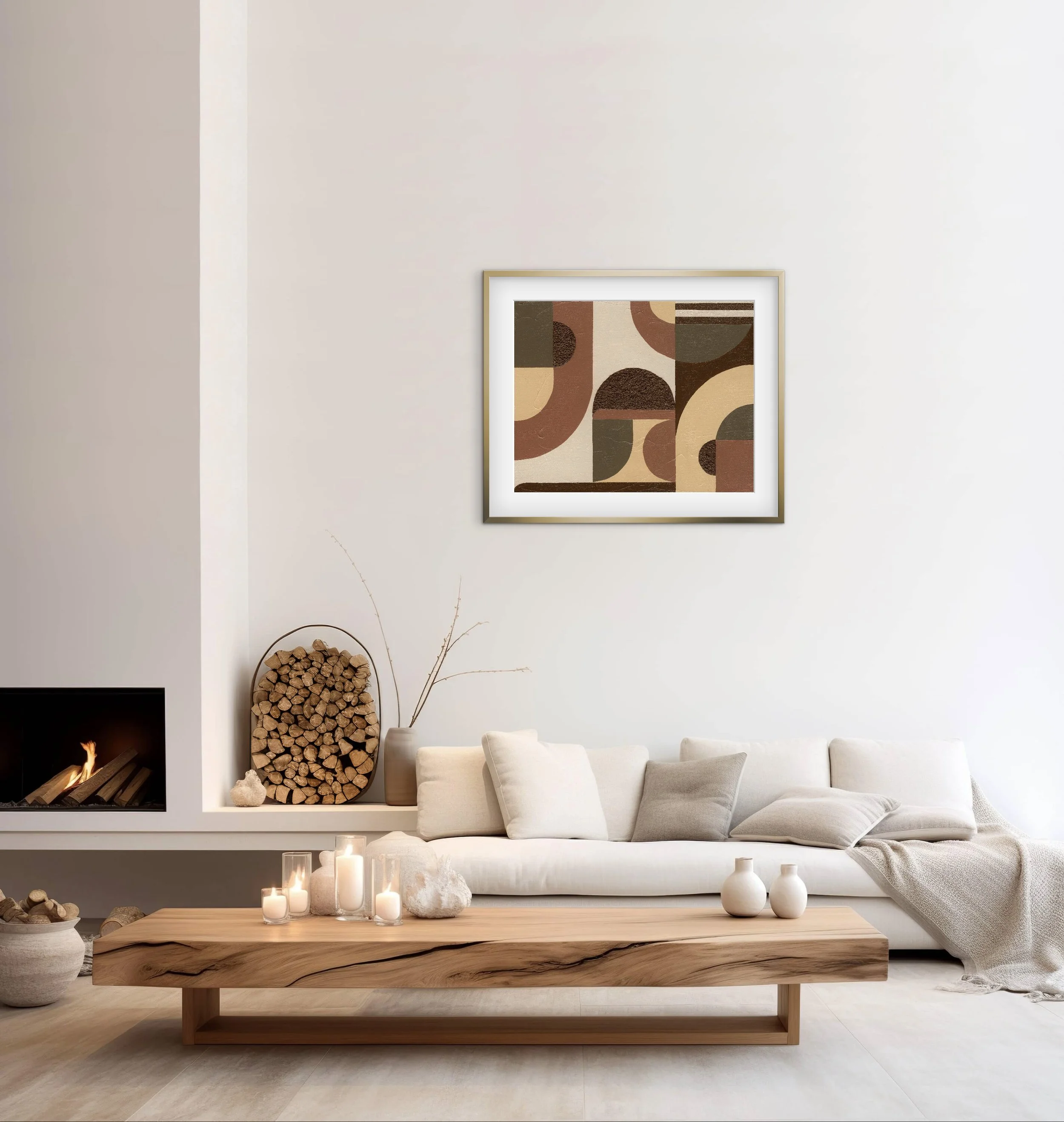 Modern living room with white sofa, wooden coffee table with candles, neutral cushions, abstract wall art, and stacked firewood near a fireplace.