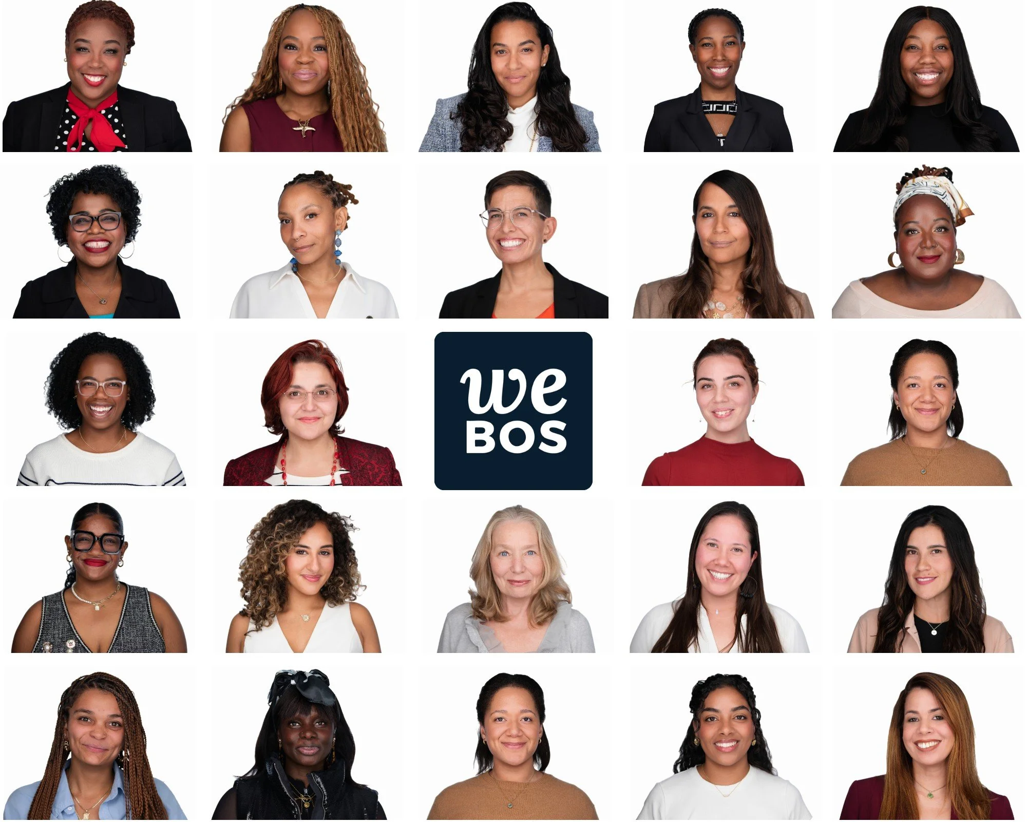 A collage of 20 diverse women smiling around a central logo that says "WEBOS," which is Women Entrepreneurs of Boston. The women are of various ages and ethnicities, dressed in different professional and casual styles, with a plain white background.