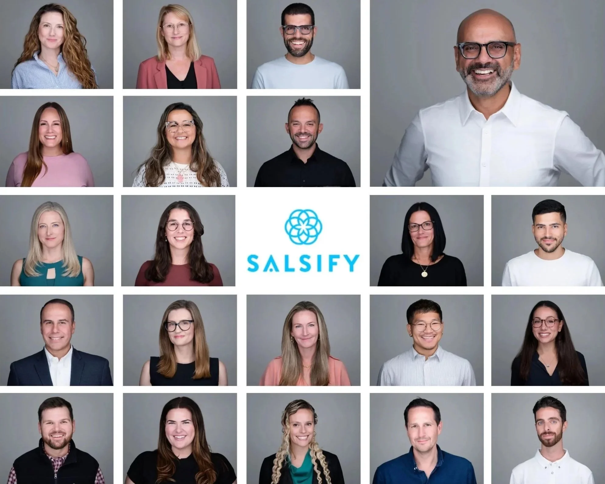 Collage of diverse professional headshots with the Salsify logo in the center.