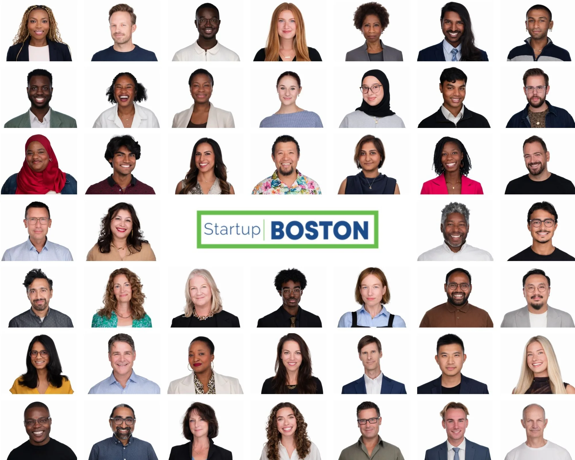Collage of diverse business professionals with a logo in the center that reads 'Startup Boston' in blue and green.