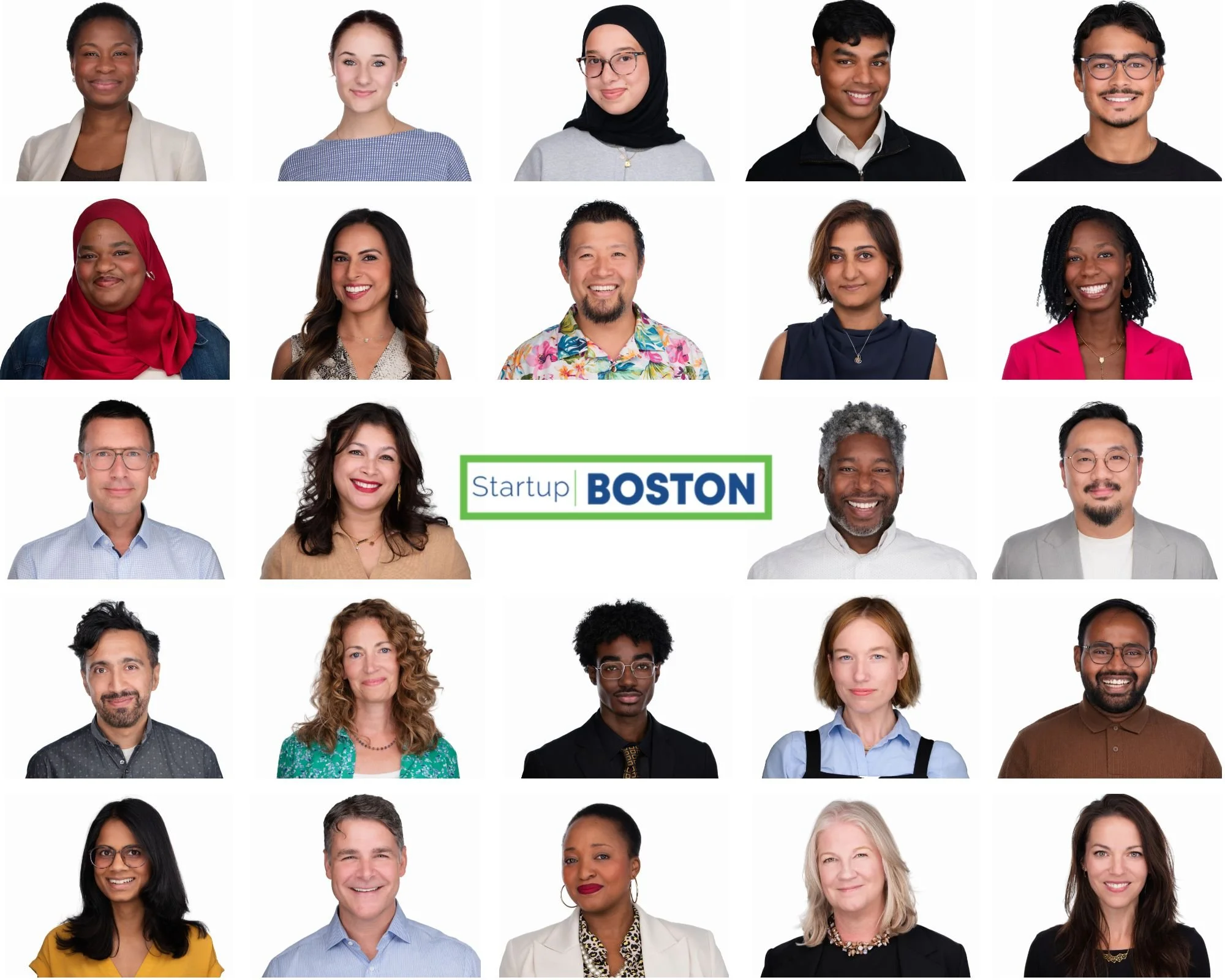 A diverse group of 20 people, 10 women and 10 men, of various ages and ethnicities, with a logo in the center that reads "Startup Boston"