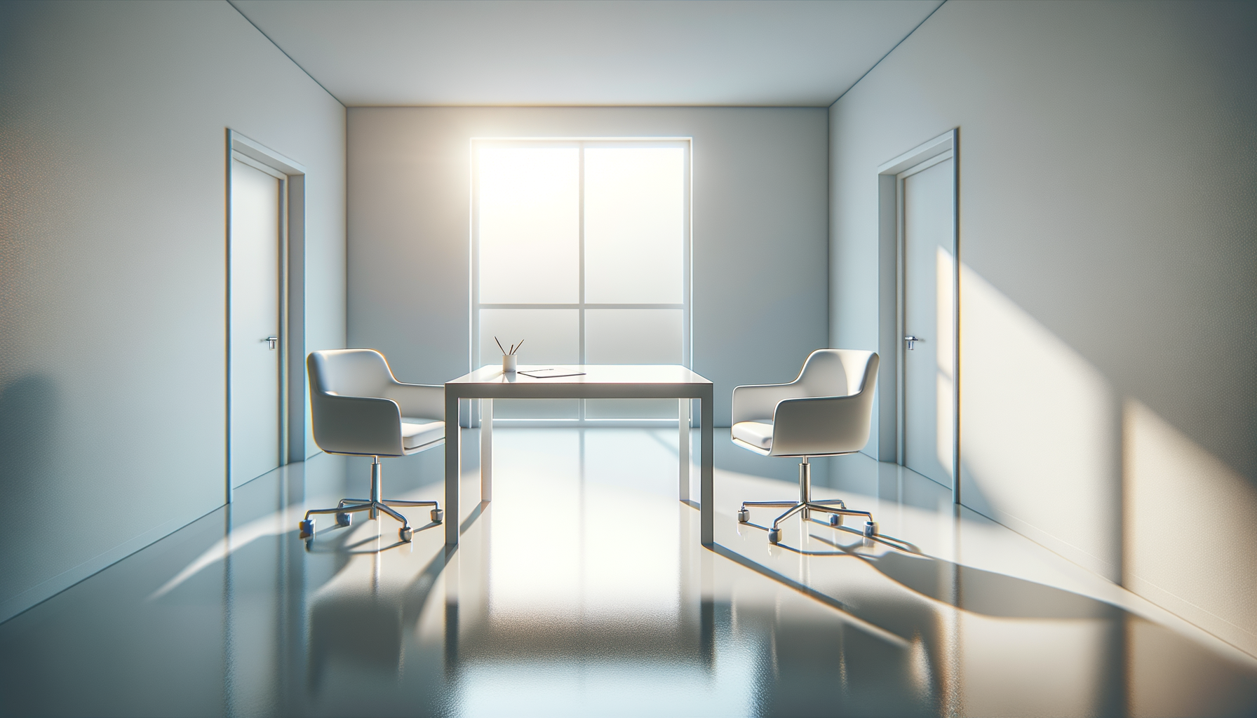 Minimalist office interior with a table and two chairs, bright lighting, and clean white walls.