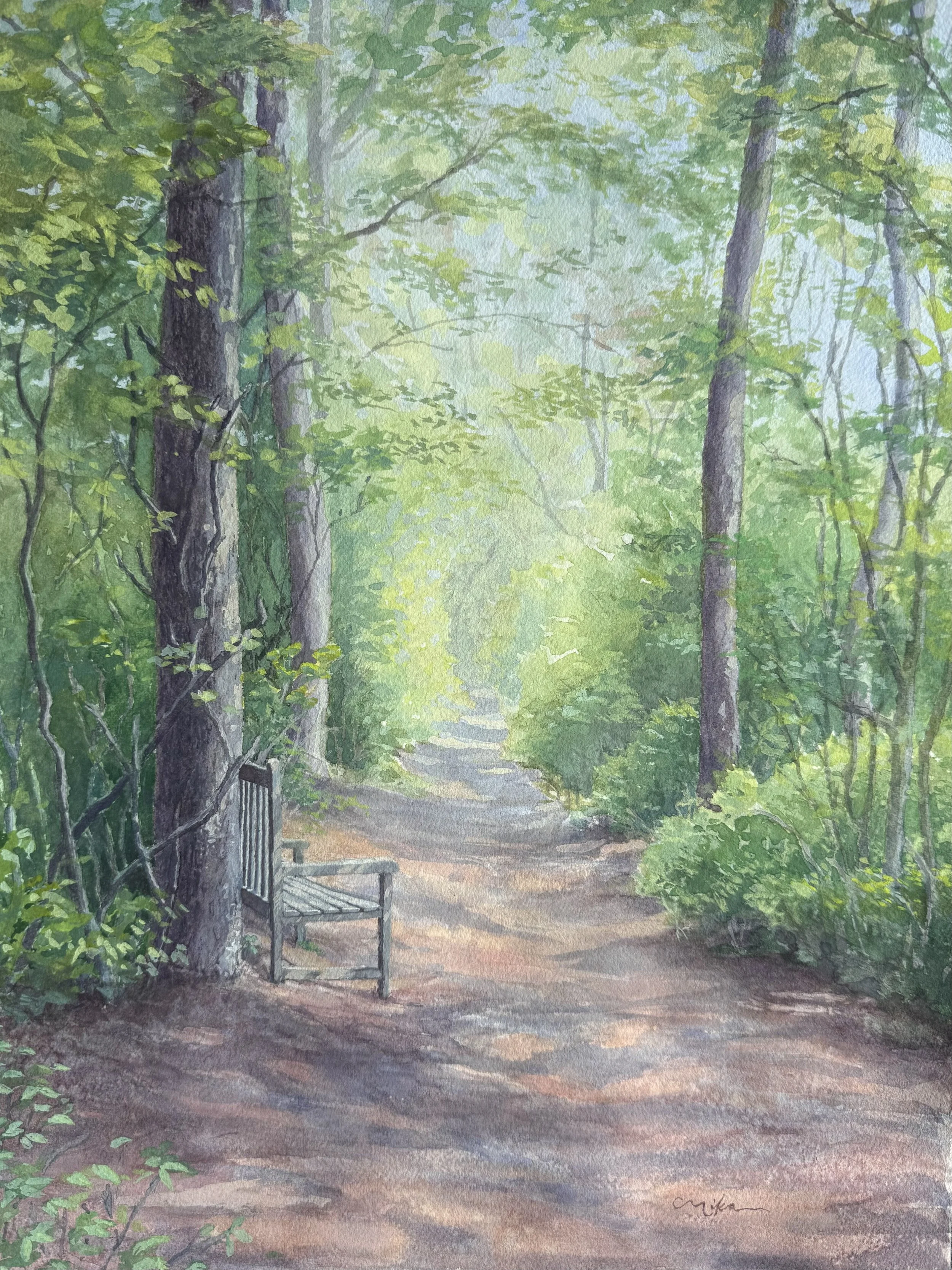 A Wooded Bench,
Watercolor and Gouache, 12”x16” | May 2025
-Sold-