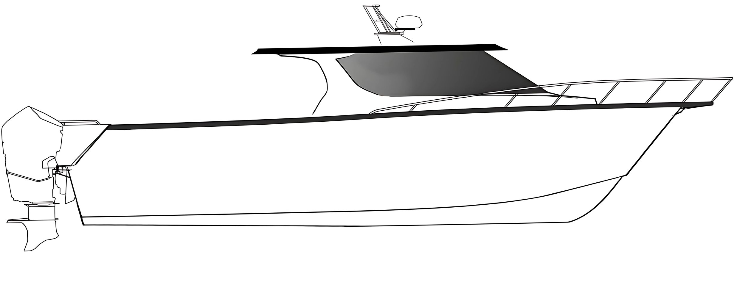Line drawing of a boat with an outboard motor and a cabin on top.