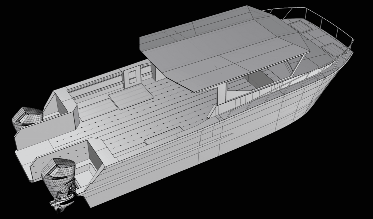 3D wireframe model of a commercial aluminium catamaran with a canopy and cabin and two Mercury 400hp outboard motors
