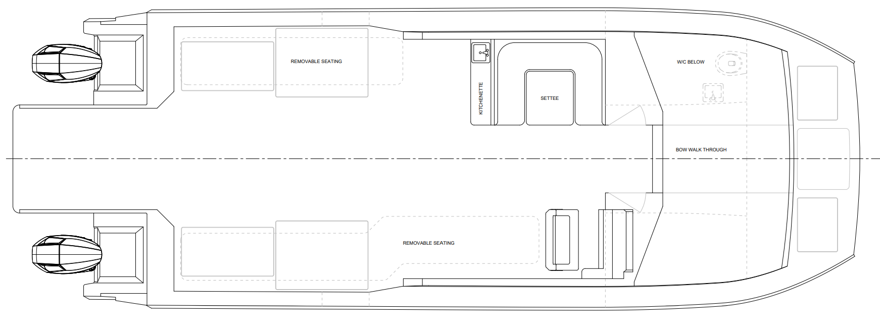 Line drawing of a boat's interior layout, showing seating areas, a kitchenette, a restroom below, and a walk-through aisle.