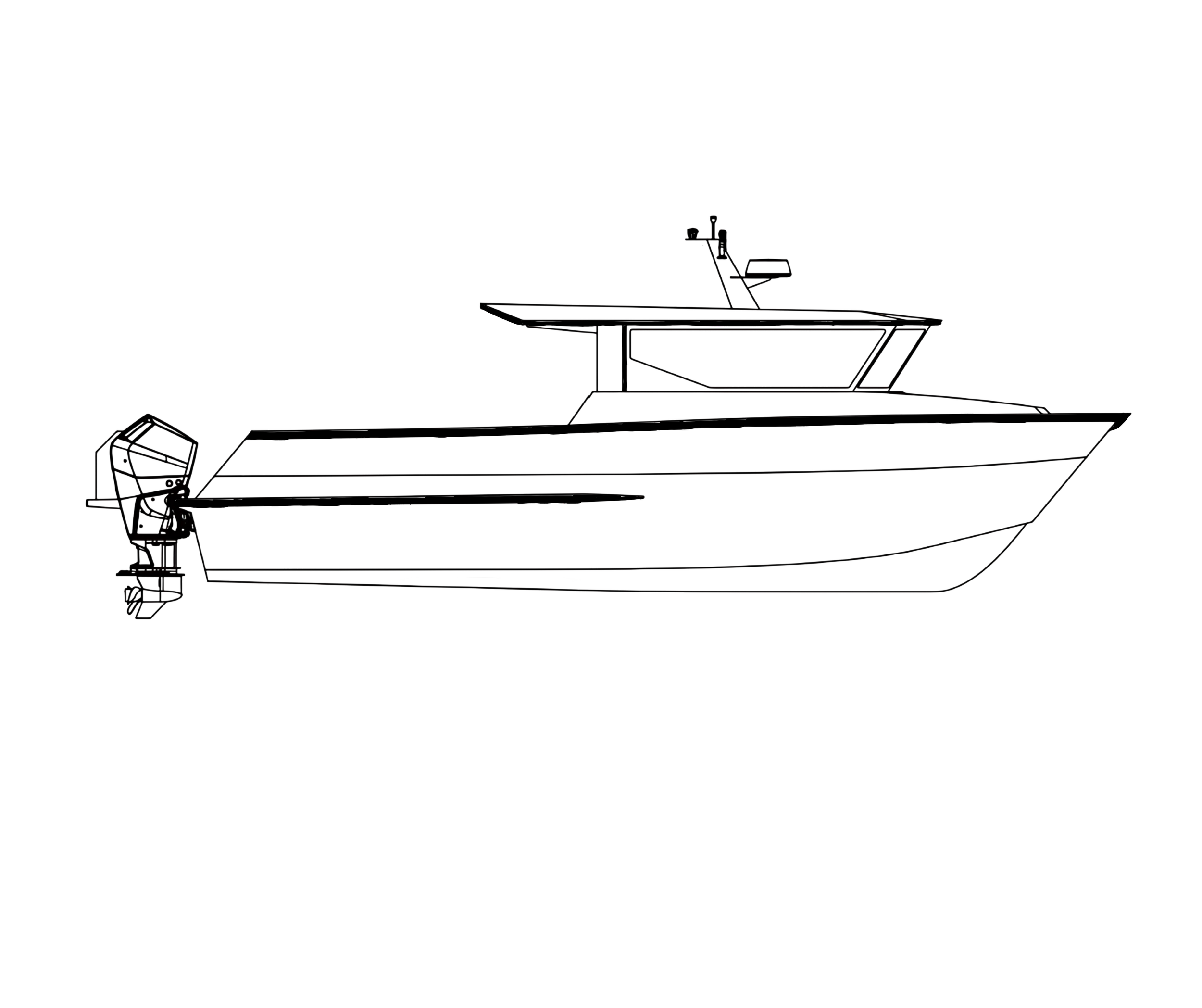 Line drawing of a modern yacht with a sleek hull, two decks, and a spacious flybridge.