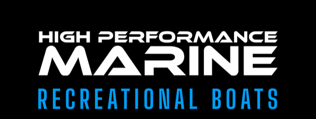 High Performance Marine Recreational Boats logo in white and blue text on black background.