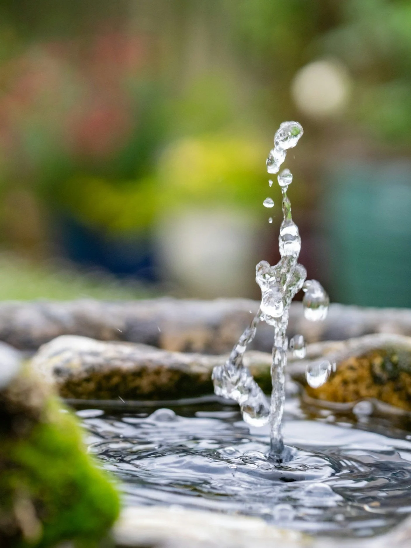 Close-up of a small water fountain or splash in a natural outdoor setting with blurred greenery in the background.