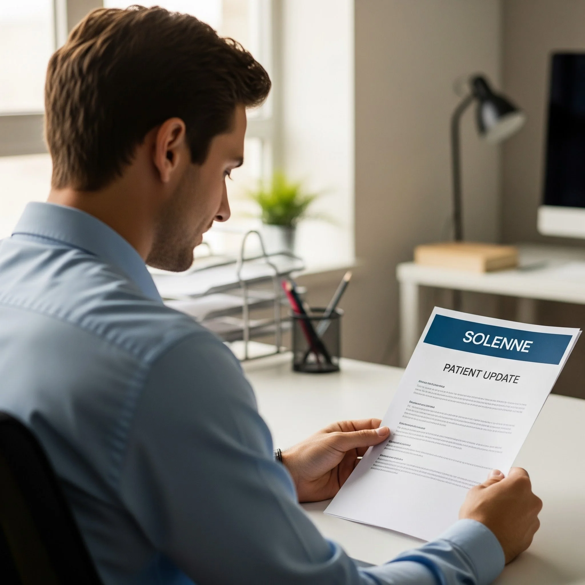 A young woman with long light brown hair smiling, holding a tablet in one hand, and talking on a cell phone outdoors. She is wearing a light-colored jacket, and the background shows trees and modern buildings.