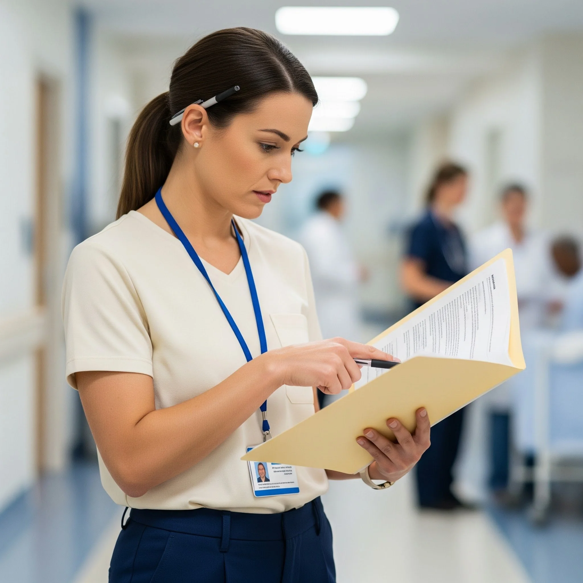 Two women having a conversation at a table in an office setting. One woman, with curly black hair and glasses, is wearing a blue top. The other woman has long brown hair and is wearing a light-colored top.