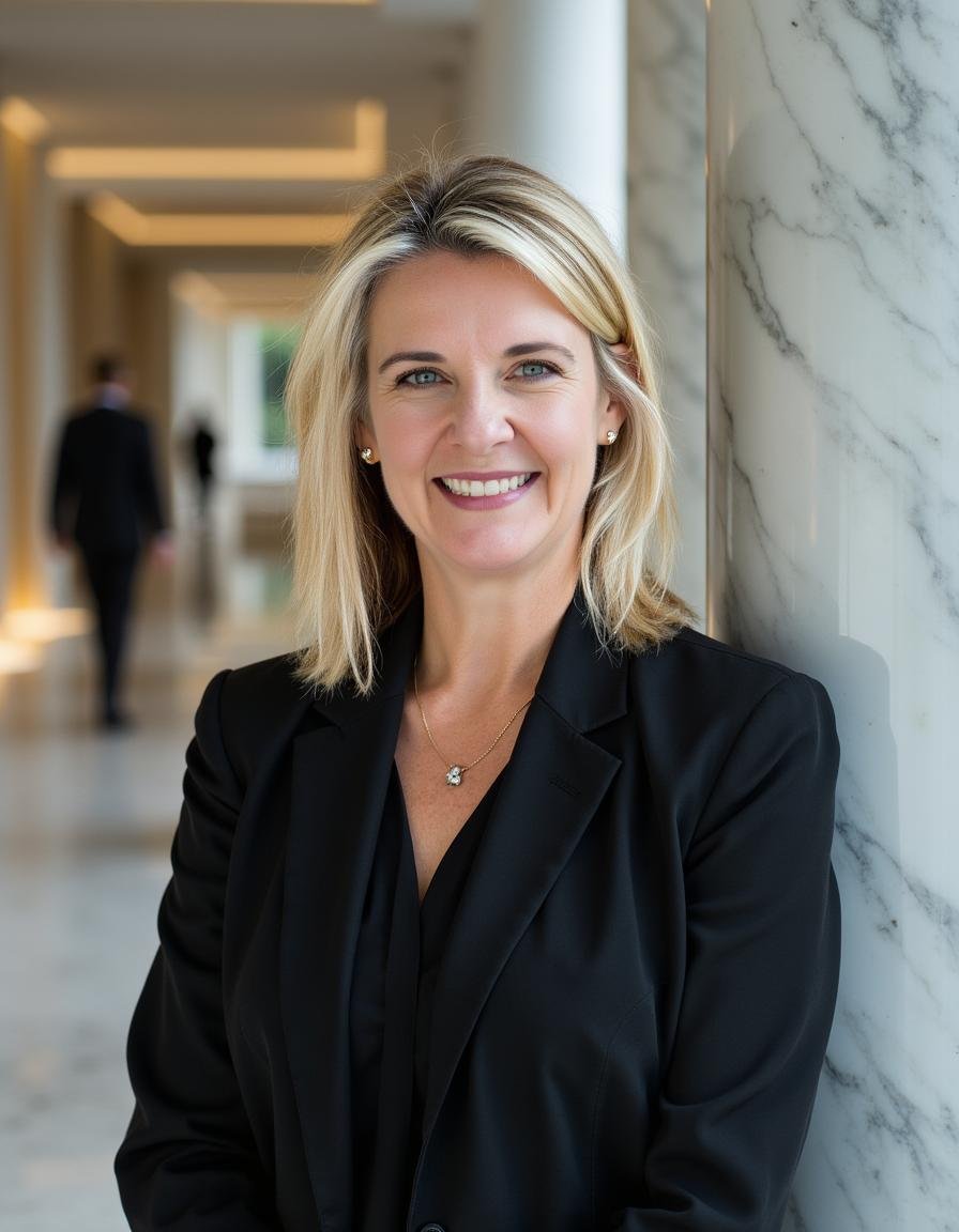 A woman with blonde hair, light blue eyes, and a bright smile, wearing a black blazer and a necklace, leaning against a marble wall in a modern building.