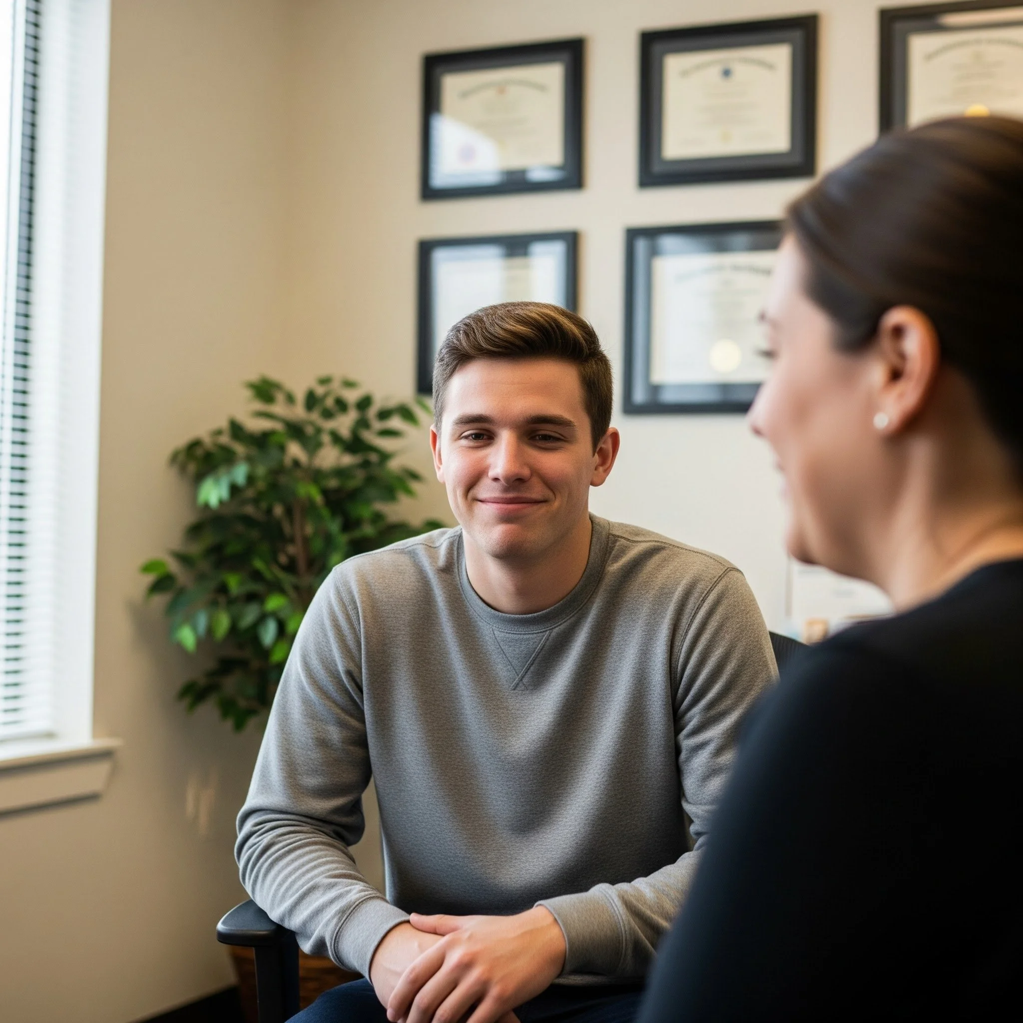 Close-up of elderly couple holding hands on a bed, emphasizing connection and support.