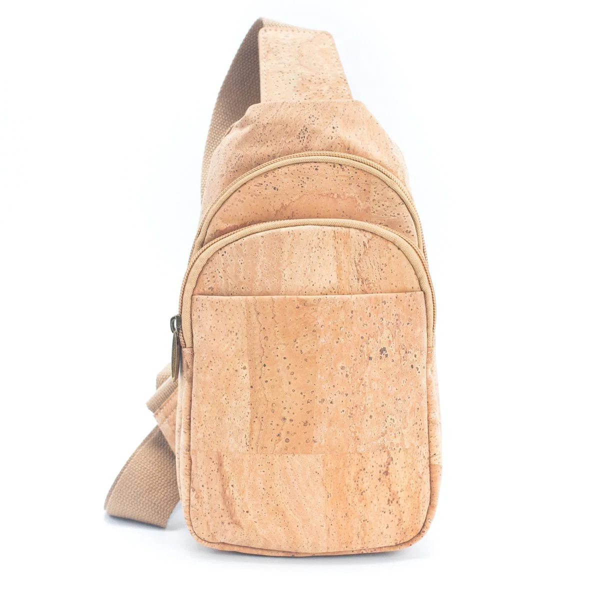 Cork crossbody bag with multiple pockets and adjustable strap.