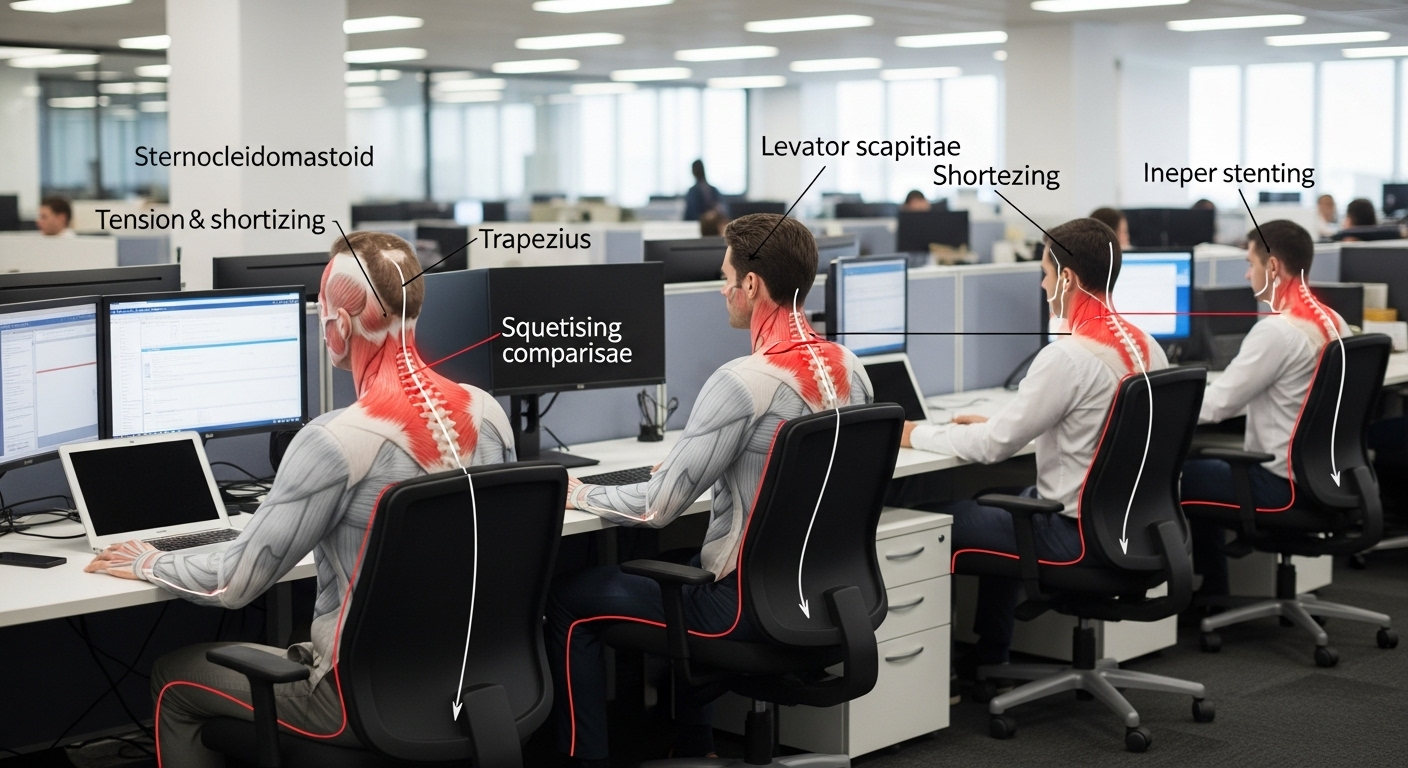 How do office workers develop forward head posture?