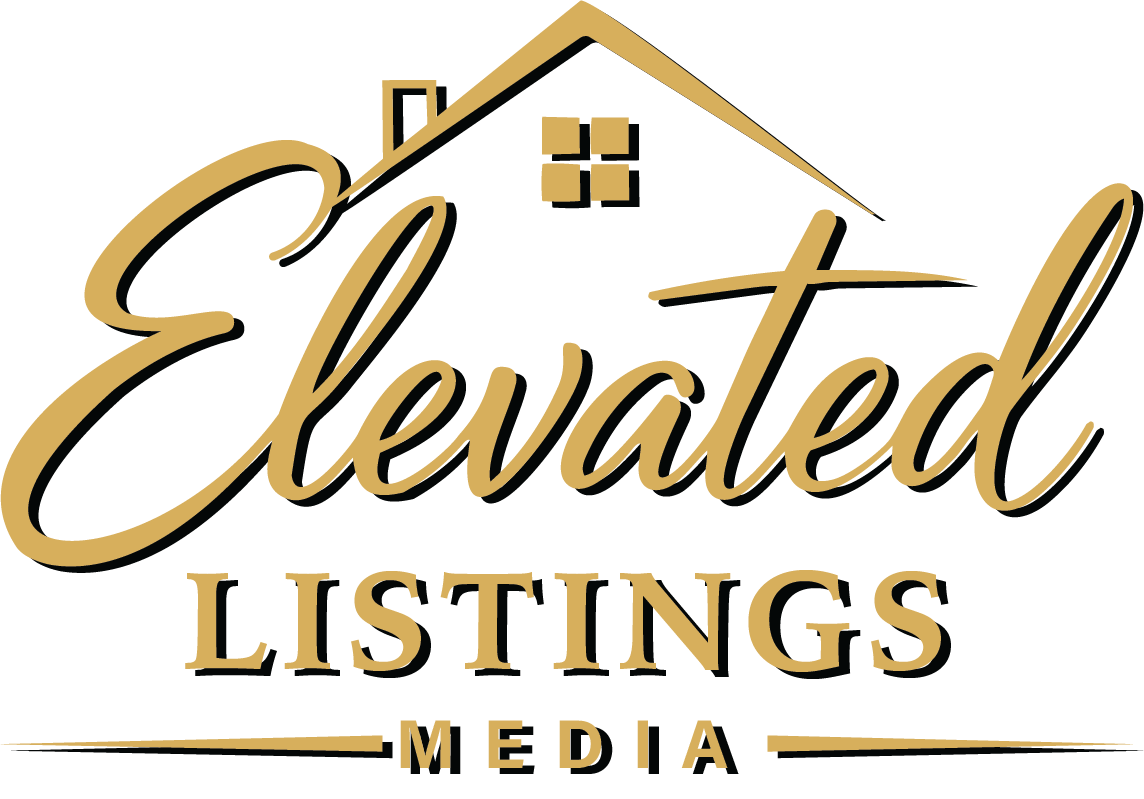 Logo for Elevated Listings Media featuring a stylized house with a roof and window, and the company name written in elegant script and uppercase letters.