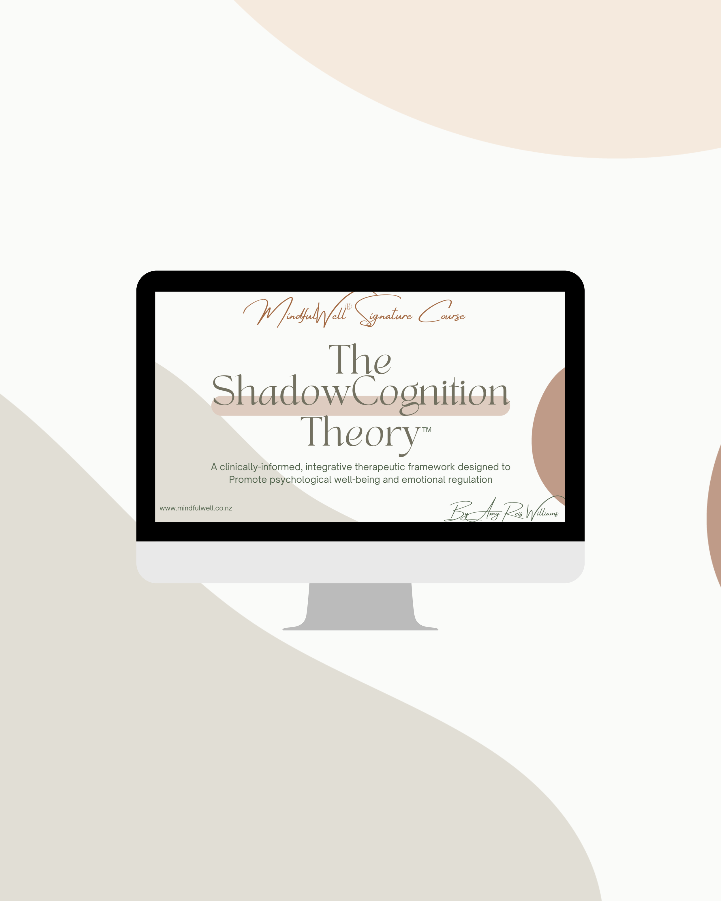 Digital image of a computer monitor displaying the title page of a course called 'The Shadow Cognition Theory' with additional text and a signature.