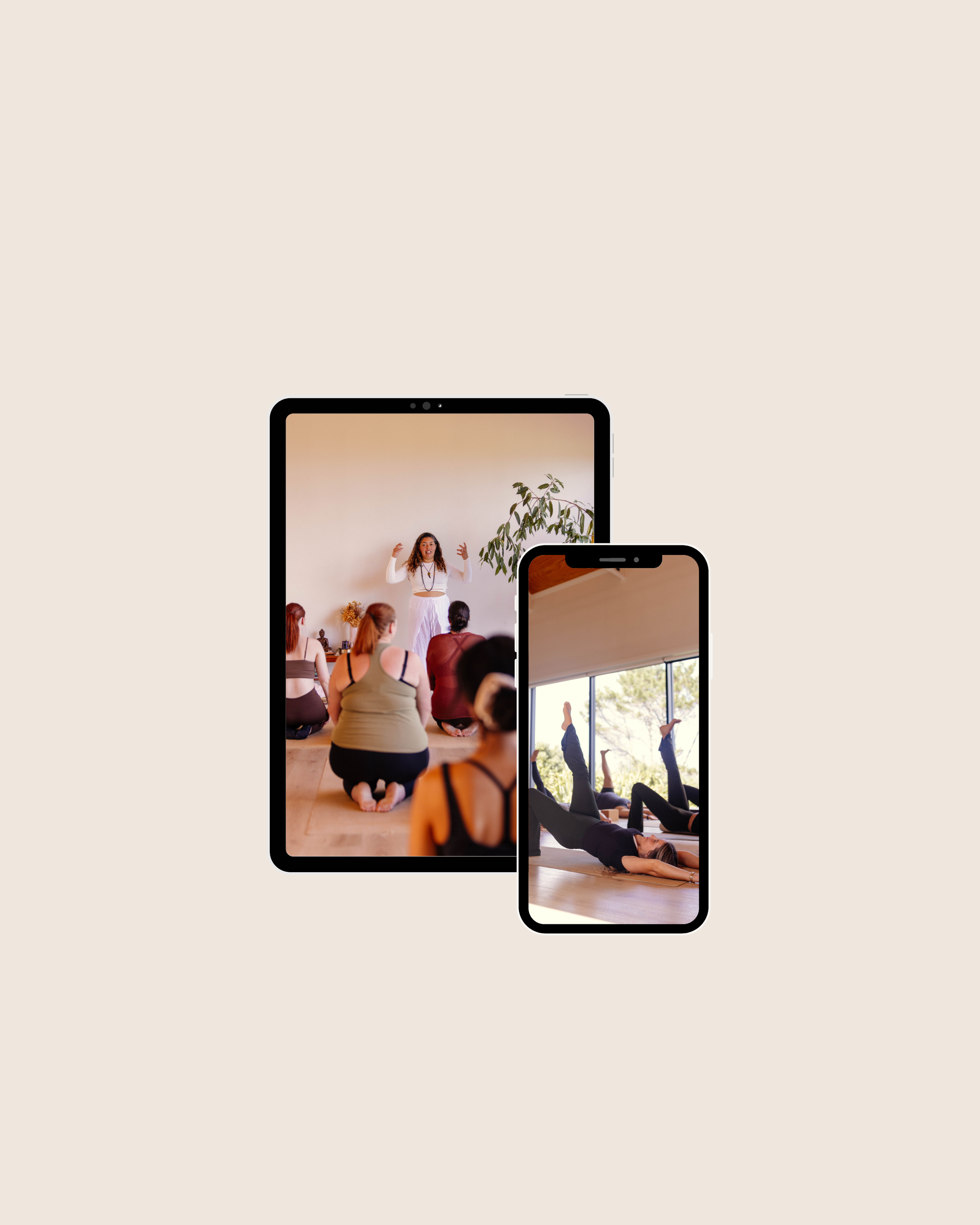 Two smartphones displaying a yoga class, with one showing an instructor leading a session and the other showing students performing poses on yoga mats in a sunny, indoor studio.
