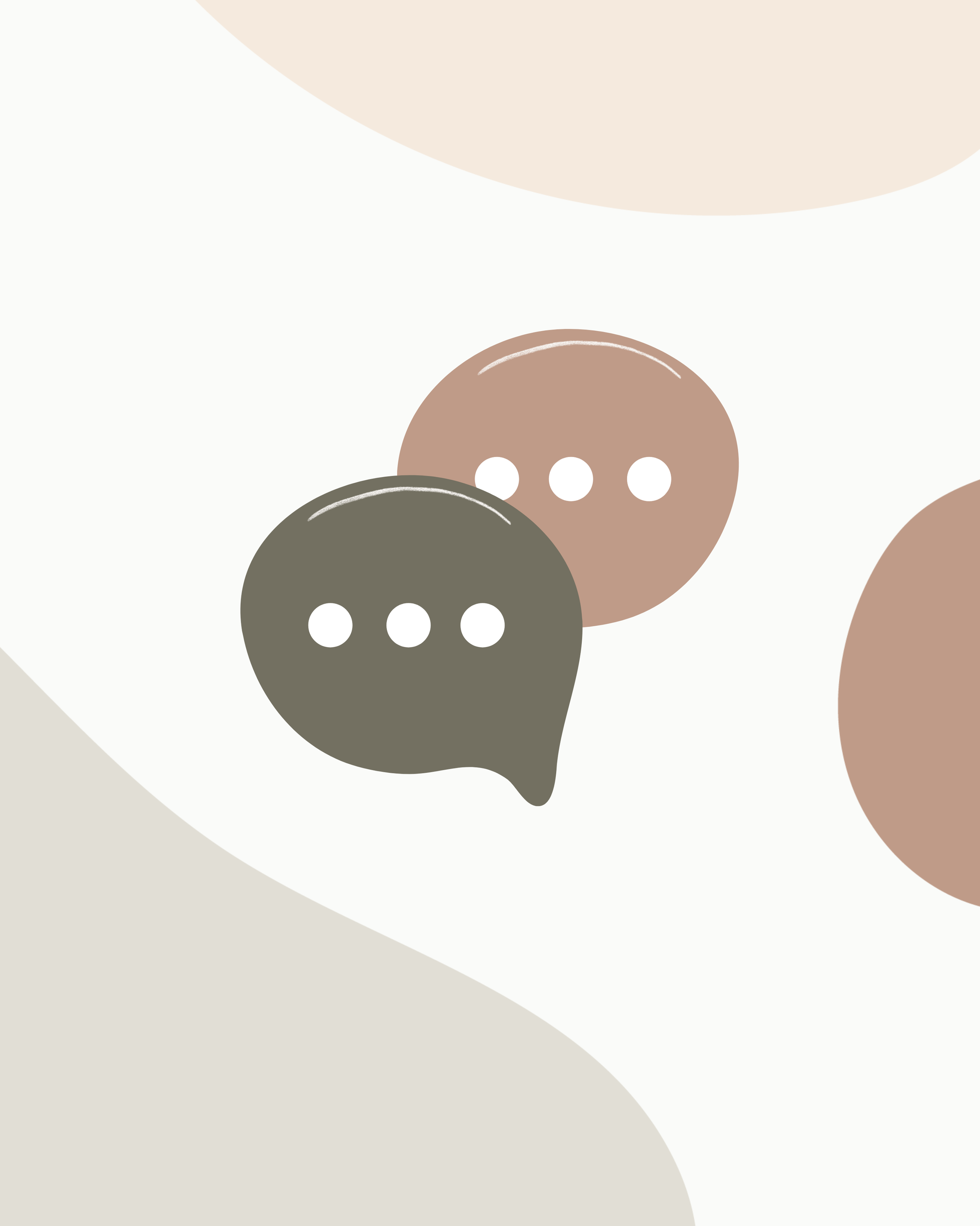 Minimalist illustration of three speech bubbles with dots, in muted earth-tone colors