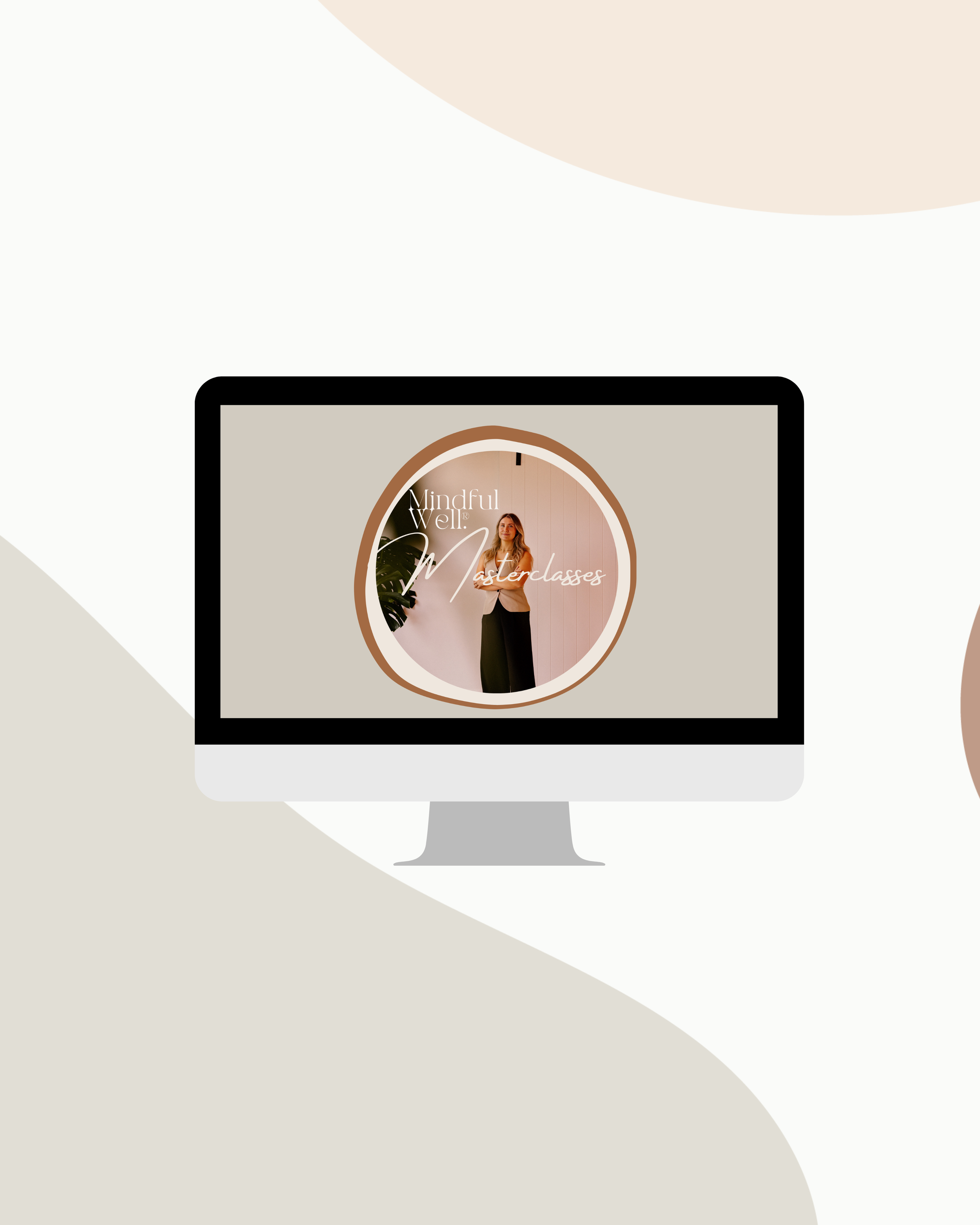 Computer screen displaying a promotion for mindful well masterclasses featuring a woman in professional attire standing with arms crossed.