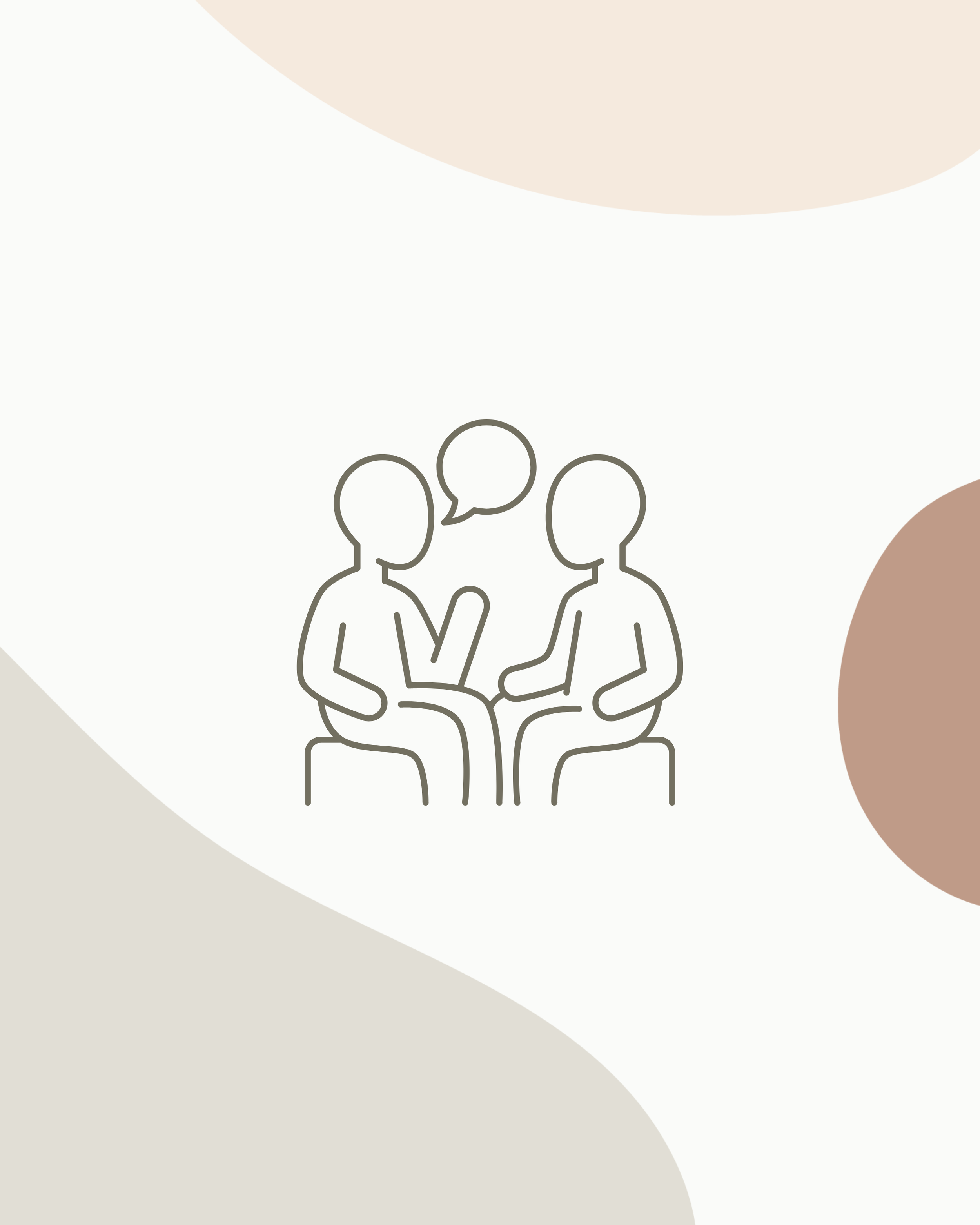 Line drawing of two people sitting and talking with speech bubbles above their heads, against a background with soft beige and brown shapes.