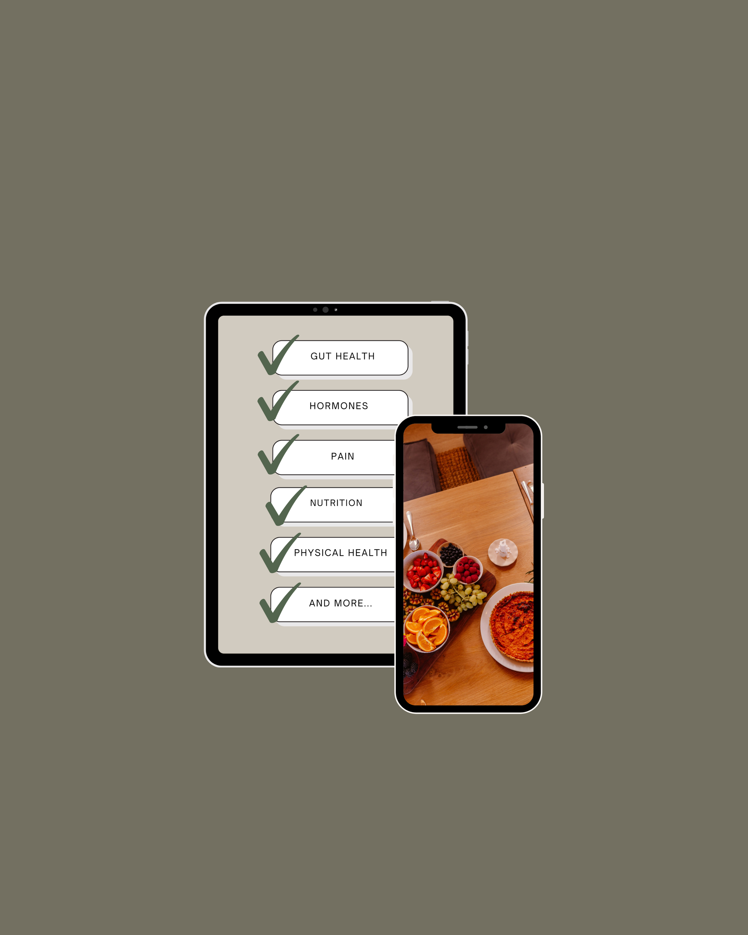 A tablet displaying a health checklist with green check marks and labels for gut health, hormones, pain, nutrition, physical health, and more, alongside a smartphone showing a table of fresh fruits and a bowl of orange-colored dish on a wooden table.