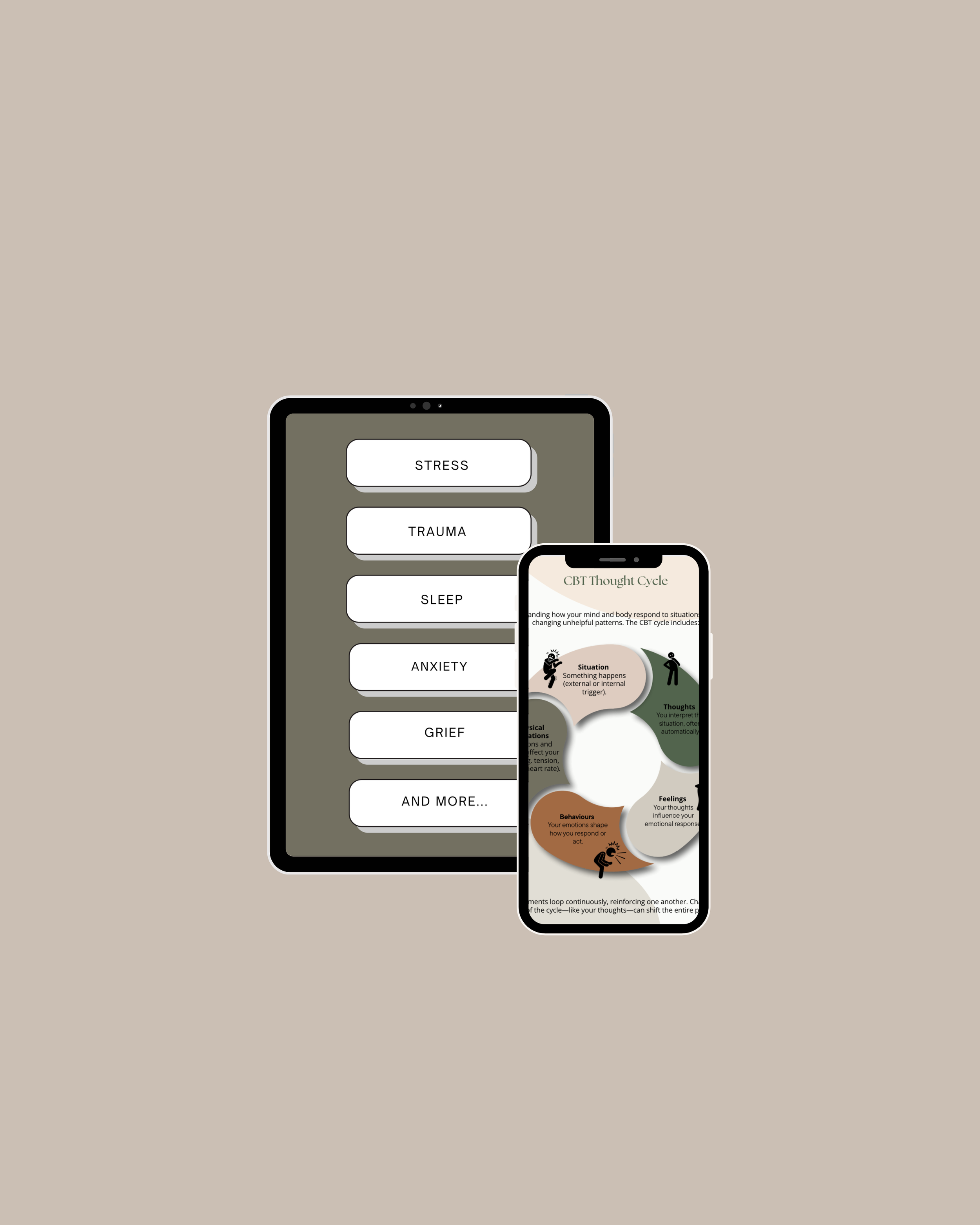 Digital illustration of a tablet and a smartphone displaying mental health and psychology apps, with labels for stress, trauma, sleep, anxiety, grief, and a CBT thought cycle diagram.