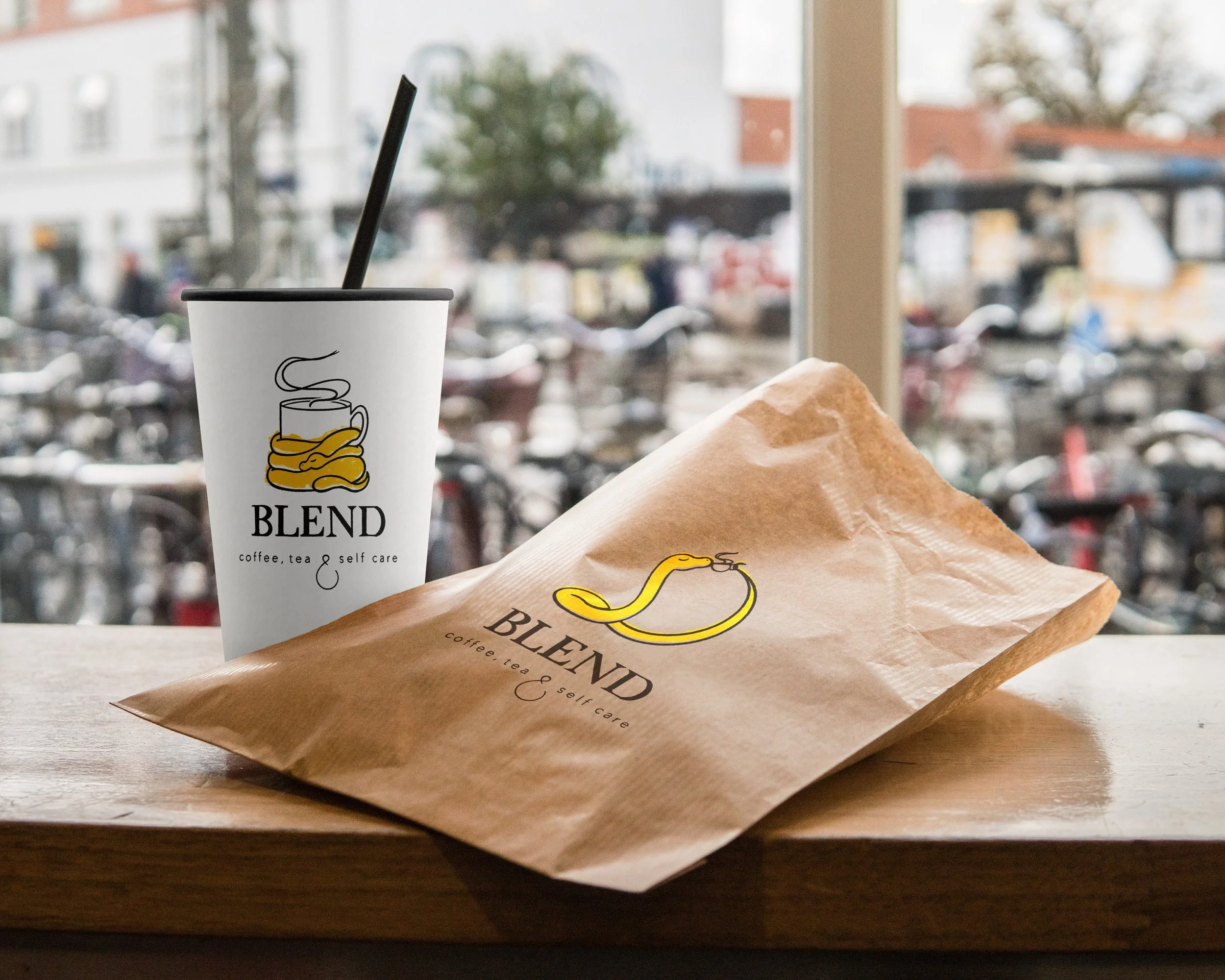 Blend cup and bag packaging. Designed by Emma Jewell Barnett.