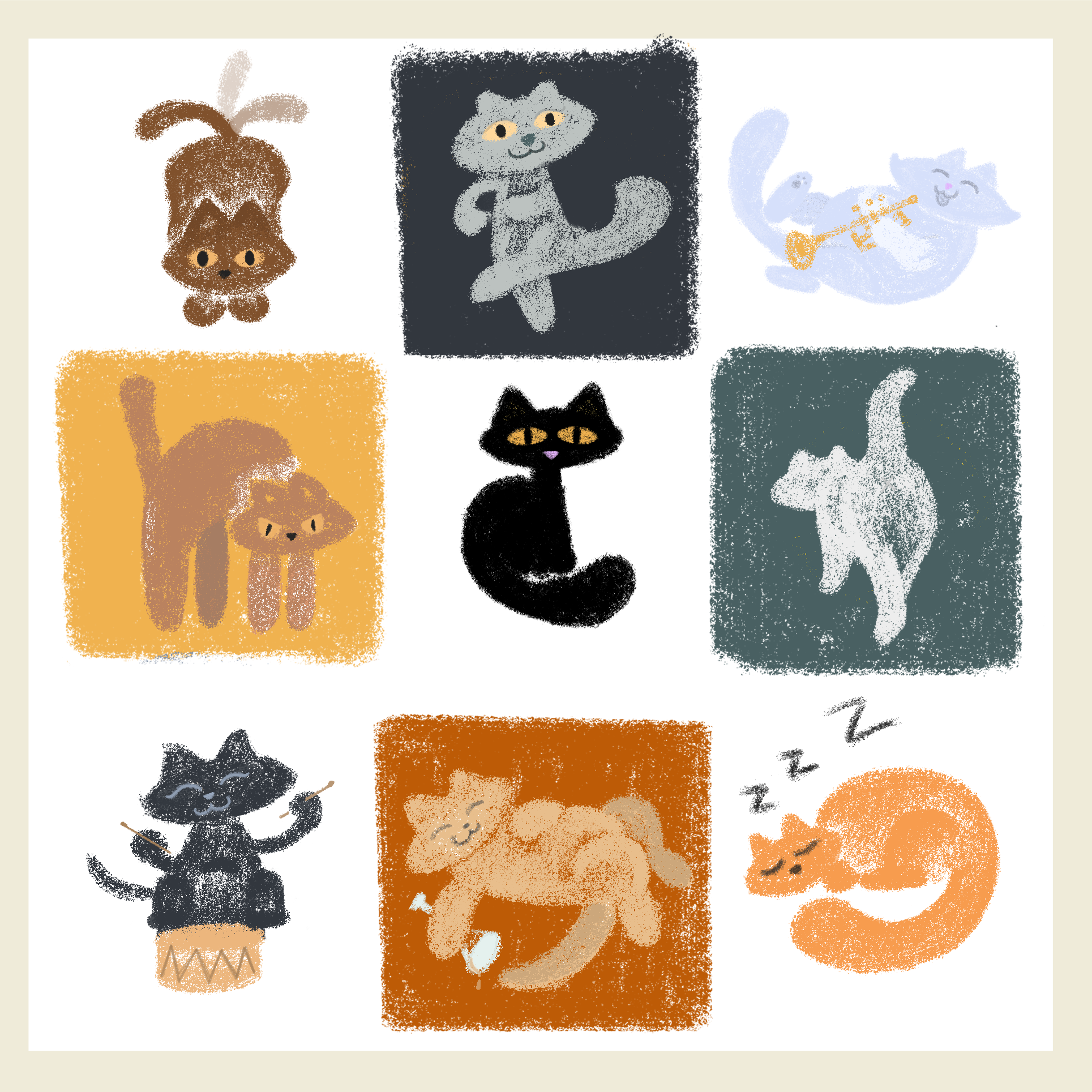 Concept drawings for Cool Cats of Jazz Alley by Emma Jewell Barnett.