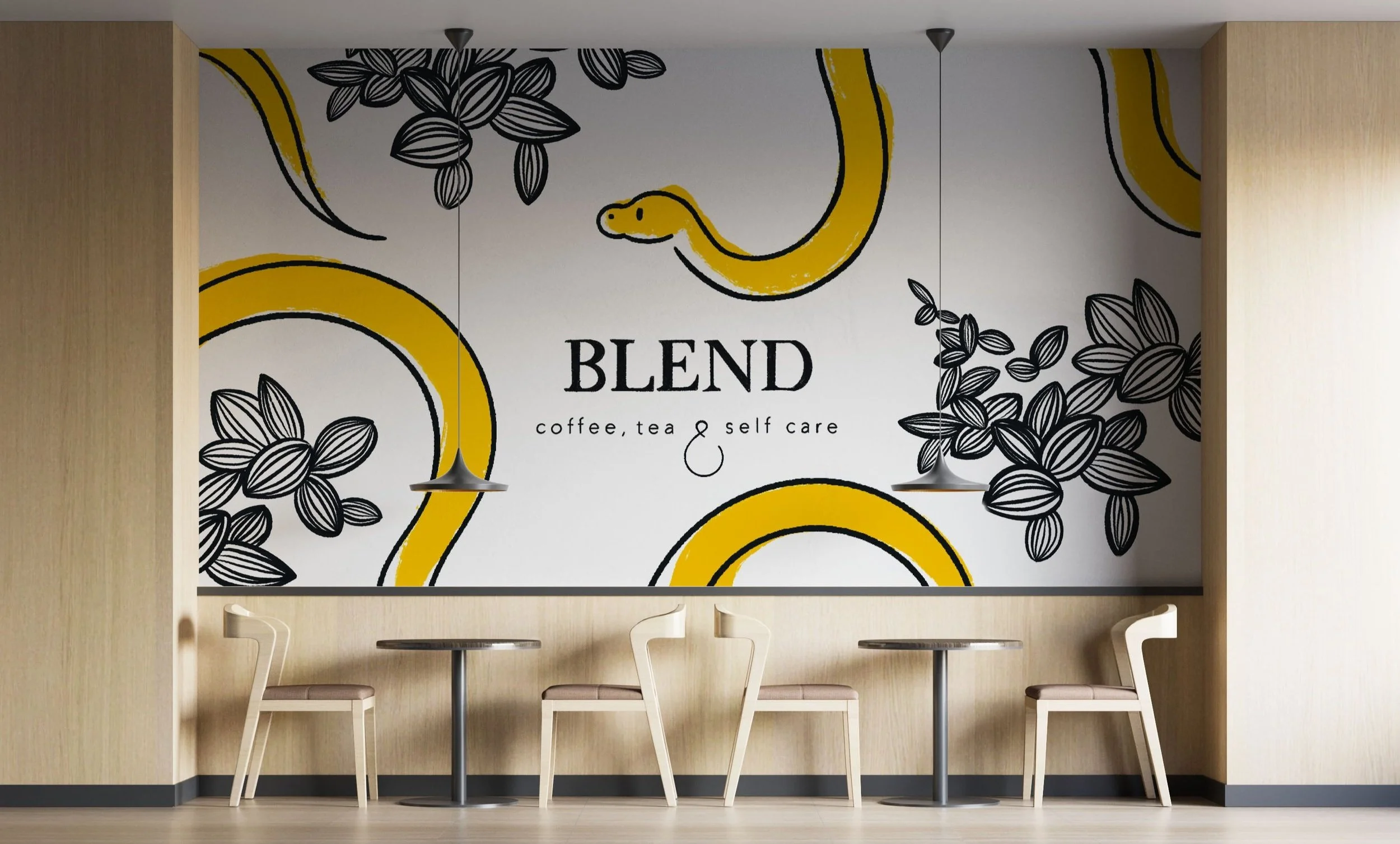 Interior brand design for Blend coffee shop, designed and illustrated by Emma Jewell Barnett, Emma Jewell Design