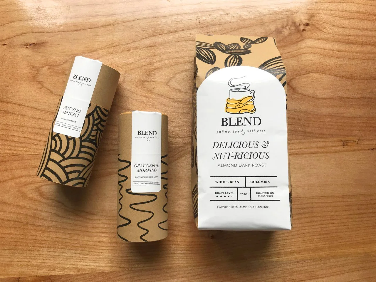 Blend coffee and tea packaging. Designed by Emma Jewell Barnett.