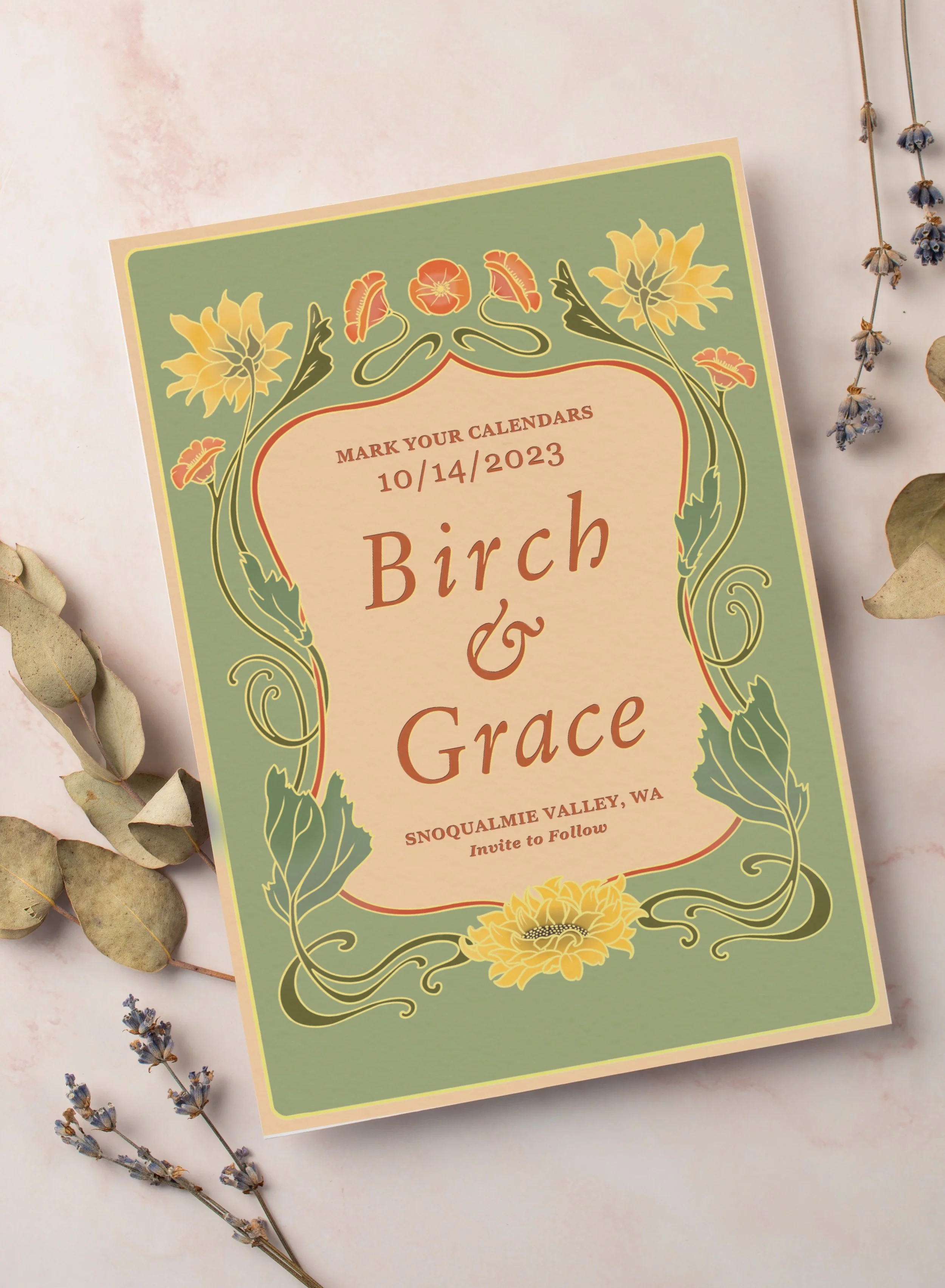 Save the date mockup design by Emma Jewell Barnett.