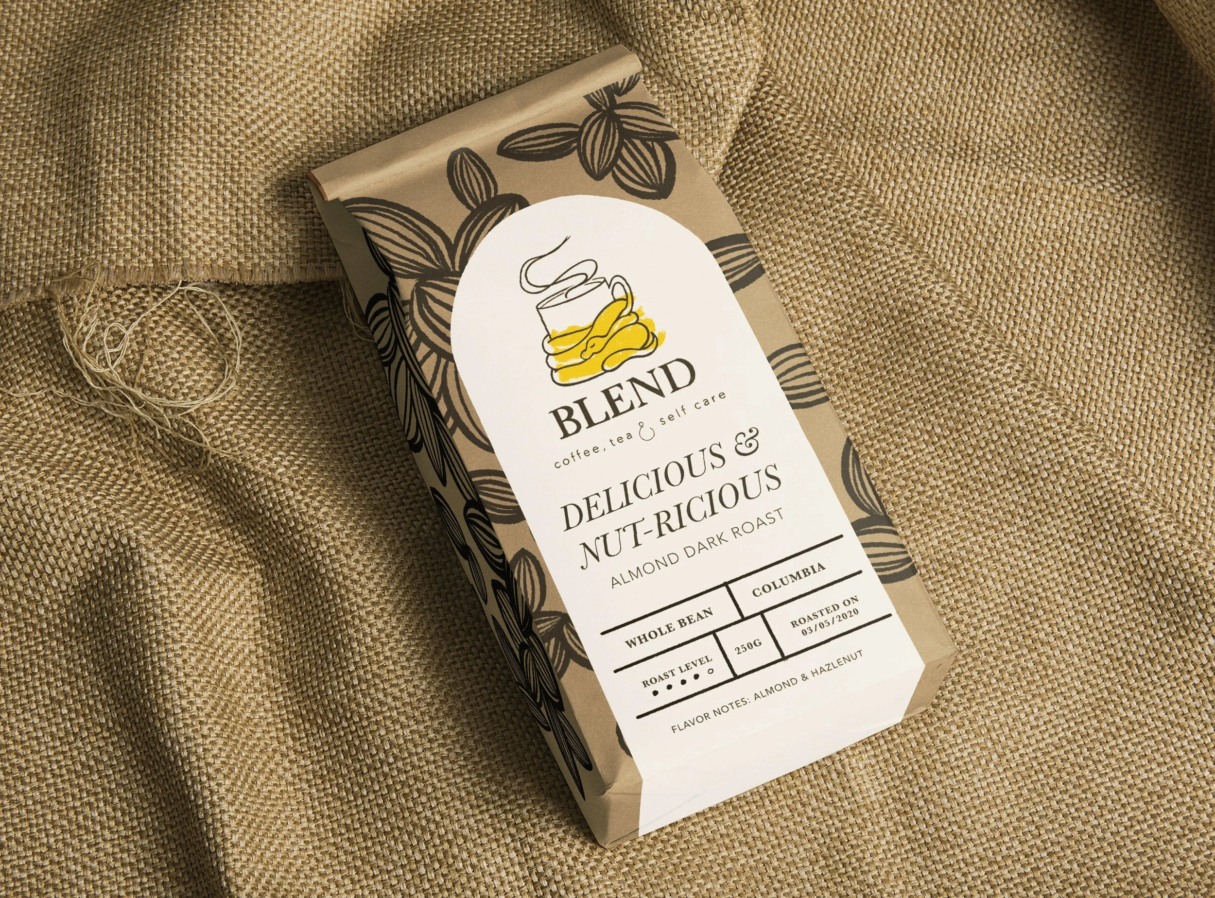 Almond-flavored coffee packaging. Designed by Emma Jewell Barnett.