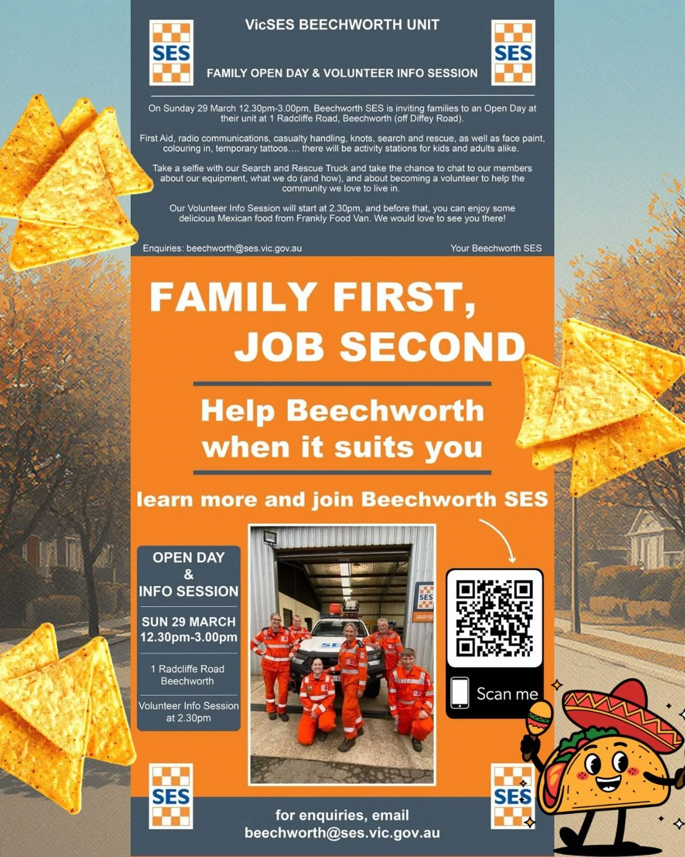 On Sunday the Beechworth SES unit is having their family open day. There&rsquo;s lots of fun activities like face painting, knot tying, and temporary tattoos! There&rsquo;s something fun for all ages. And we will be there with Frankly offering nachos