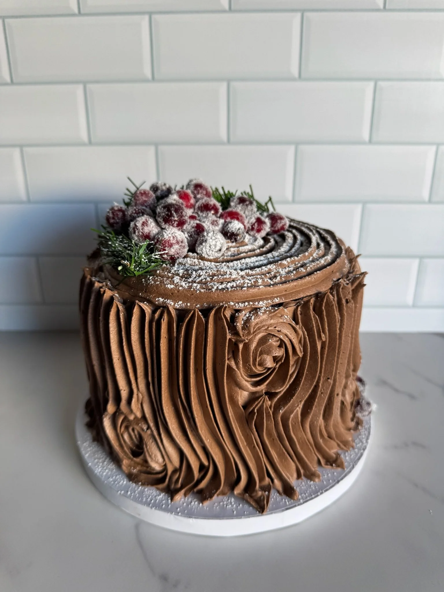 A chocolate cake decorated with piped chocolate frosting, topped with a cluster of frosted red and black berries, and garnished with green sprigs, dusted with powdered sugar, on a white plate.