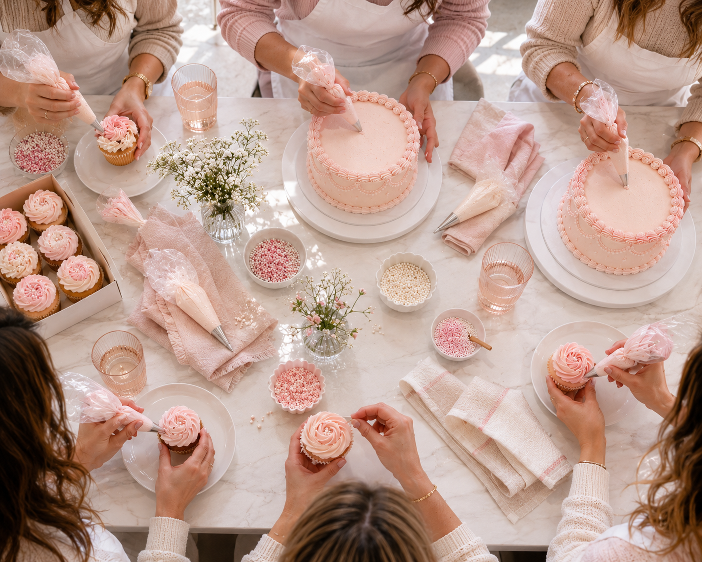 Group of women decorating pink cupcakes and cakes at a birthday or celebration party with pink themed decor, flowers, and sprinkles on a white marble table.