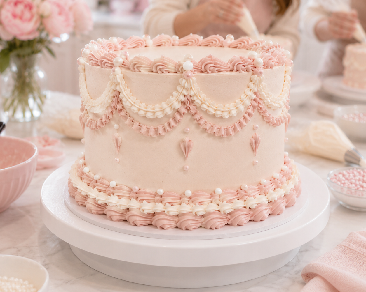 A pink and white decorated birthday cake with piped frosting and pearl accents on a white cake stand, surrounded by bowls of pink and white sprinkles and decorating tools.