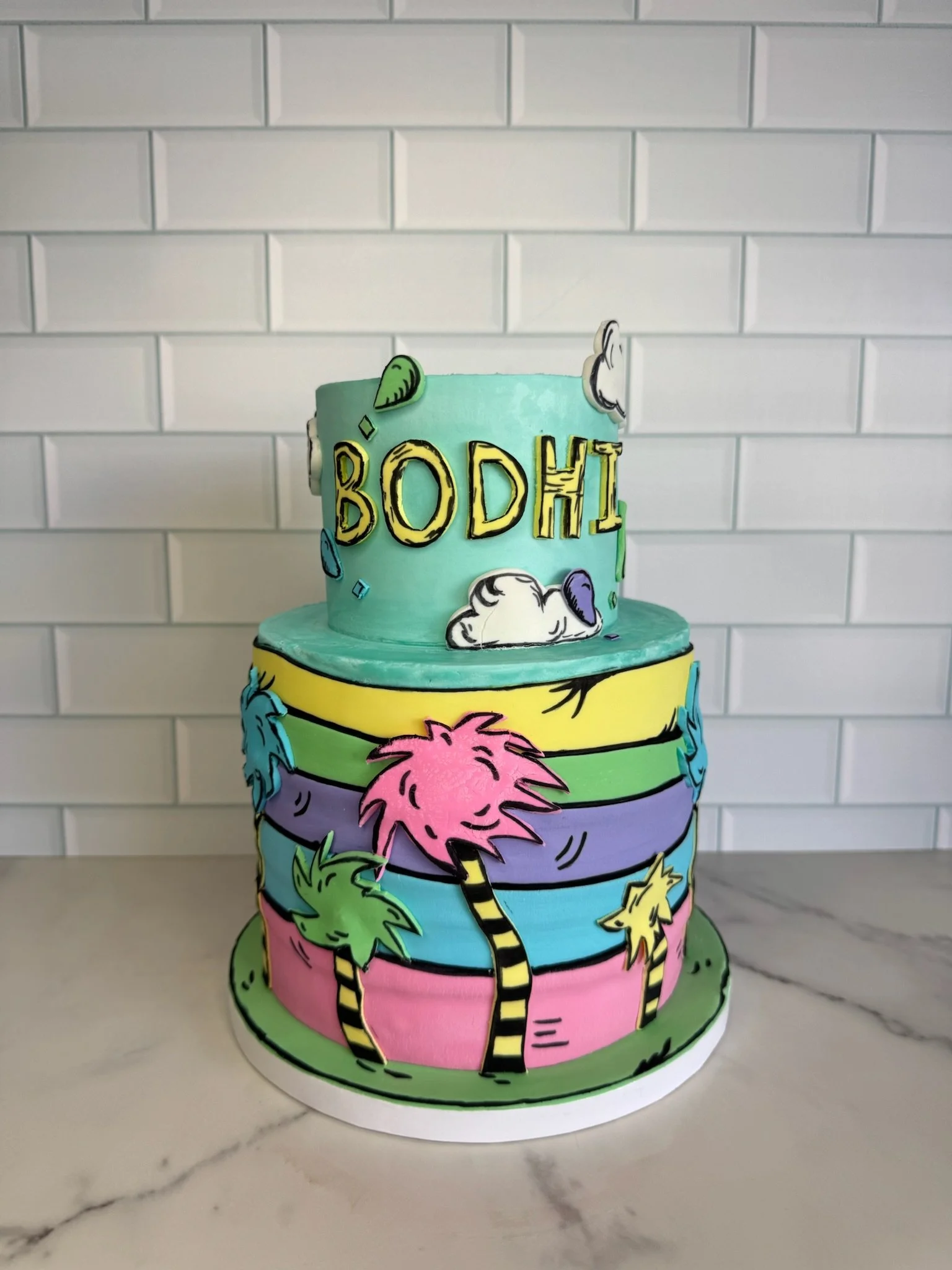 Colorful, three-tiered cake featuring cartoon-style jungle animals such as a tiger, lion cub, monkey, and birds, with the word 'BODY' on the top tier, set against a white brick wall background.