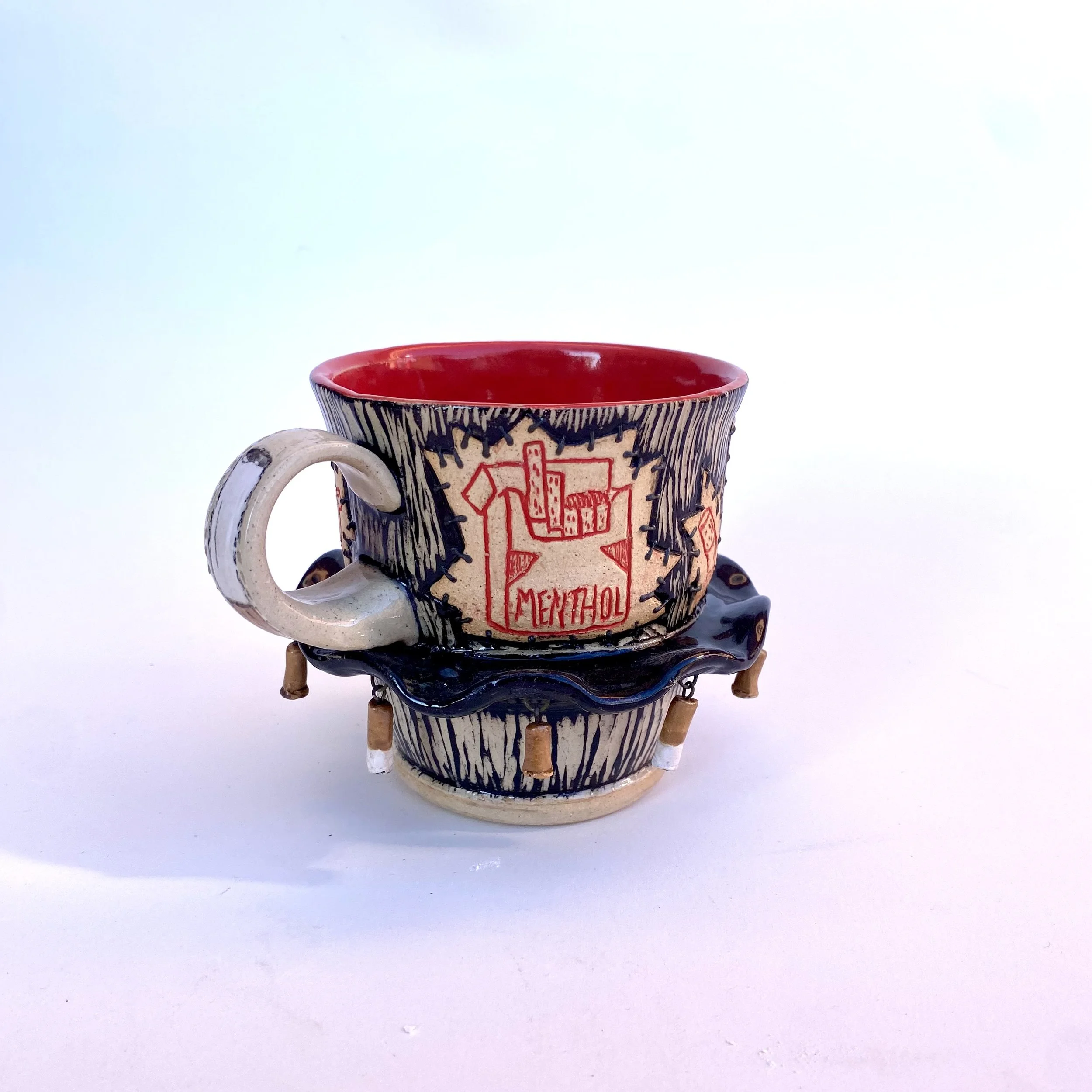 Ciggie Mug 1, 2025
Stoneware, underglaze, glaze, slip, wire
4.5 x 3 x 4.5"