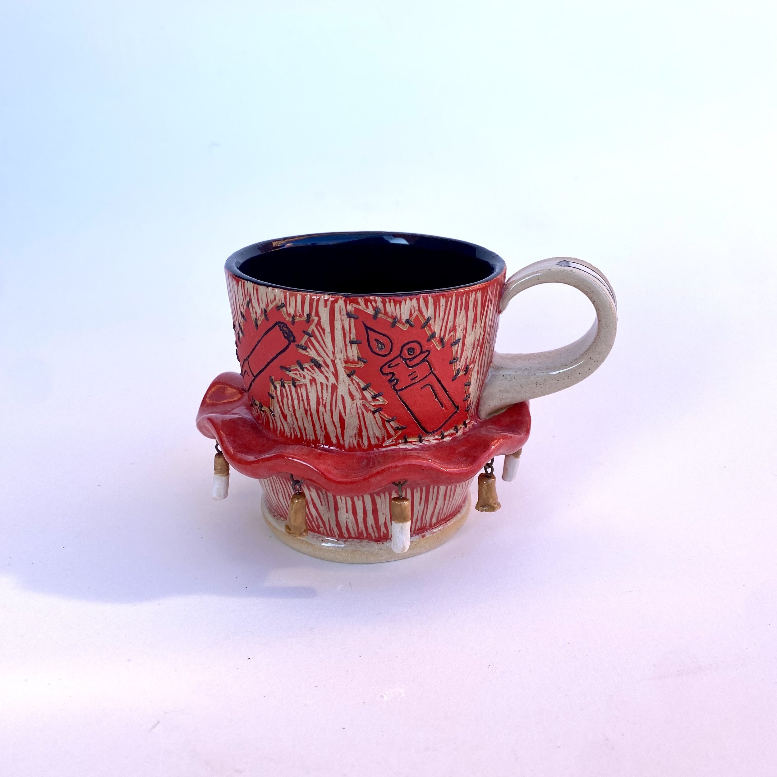 Ciggie Mug 2, 2025
Stoneware, underglaze, glaze, slip, wire
4.5 x 3 x 4.5"