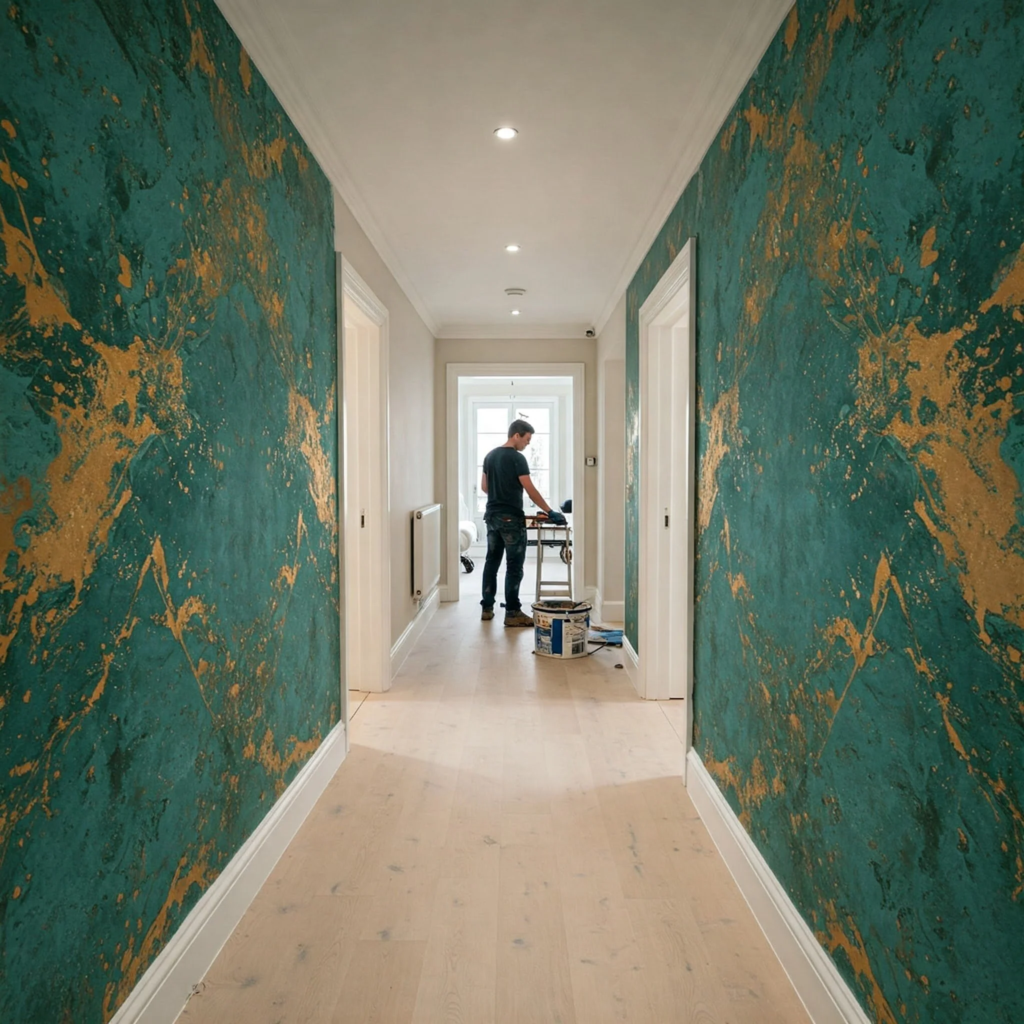 Corredor com paredes verde e dourado, homem trabalhando ao fundo.