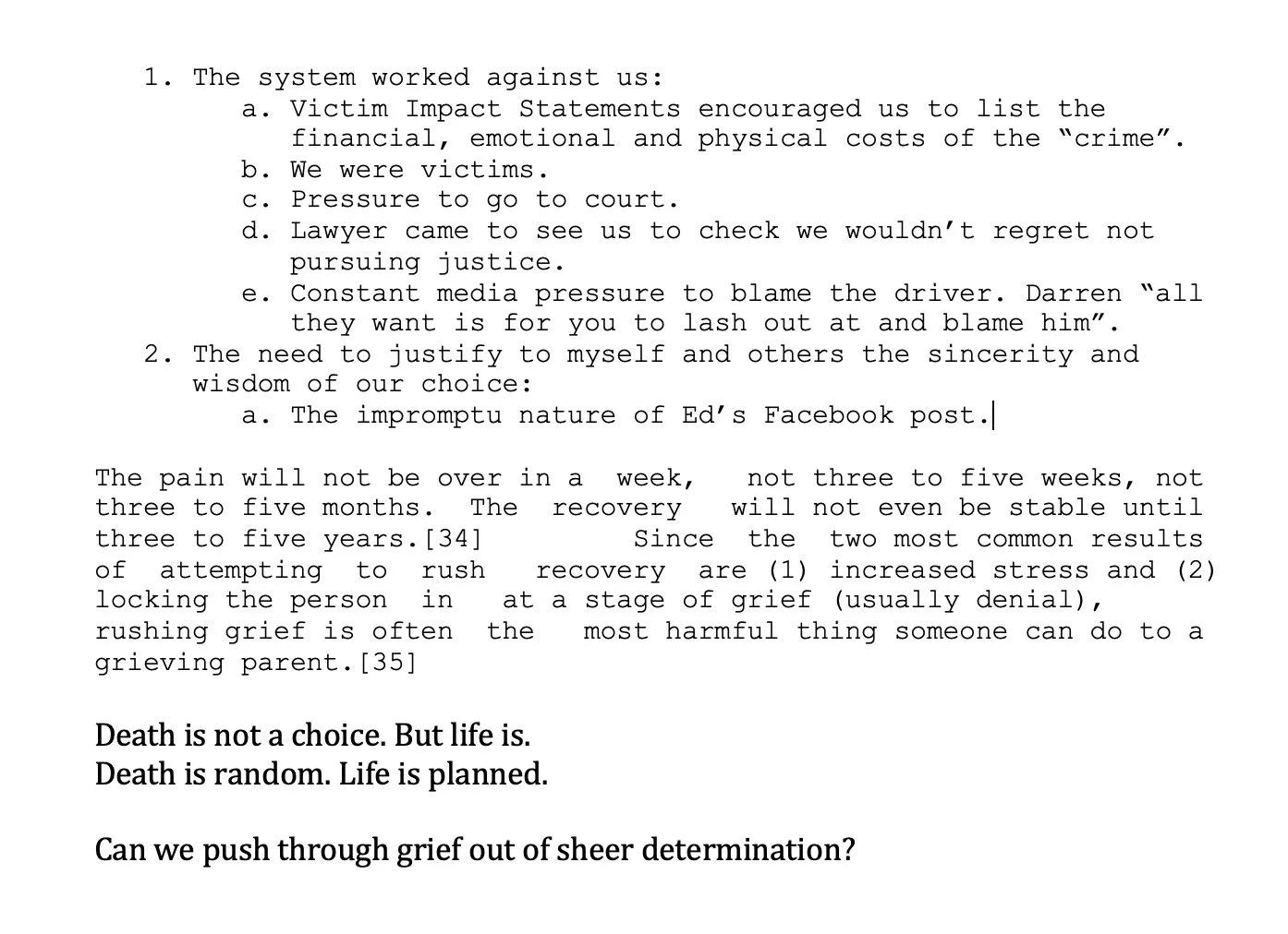 Screenshot of a note Lucy wrote to herself outlining the many aspects of the system that told her to write off five years of her life to her daughter's loss.