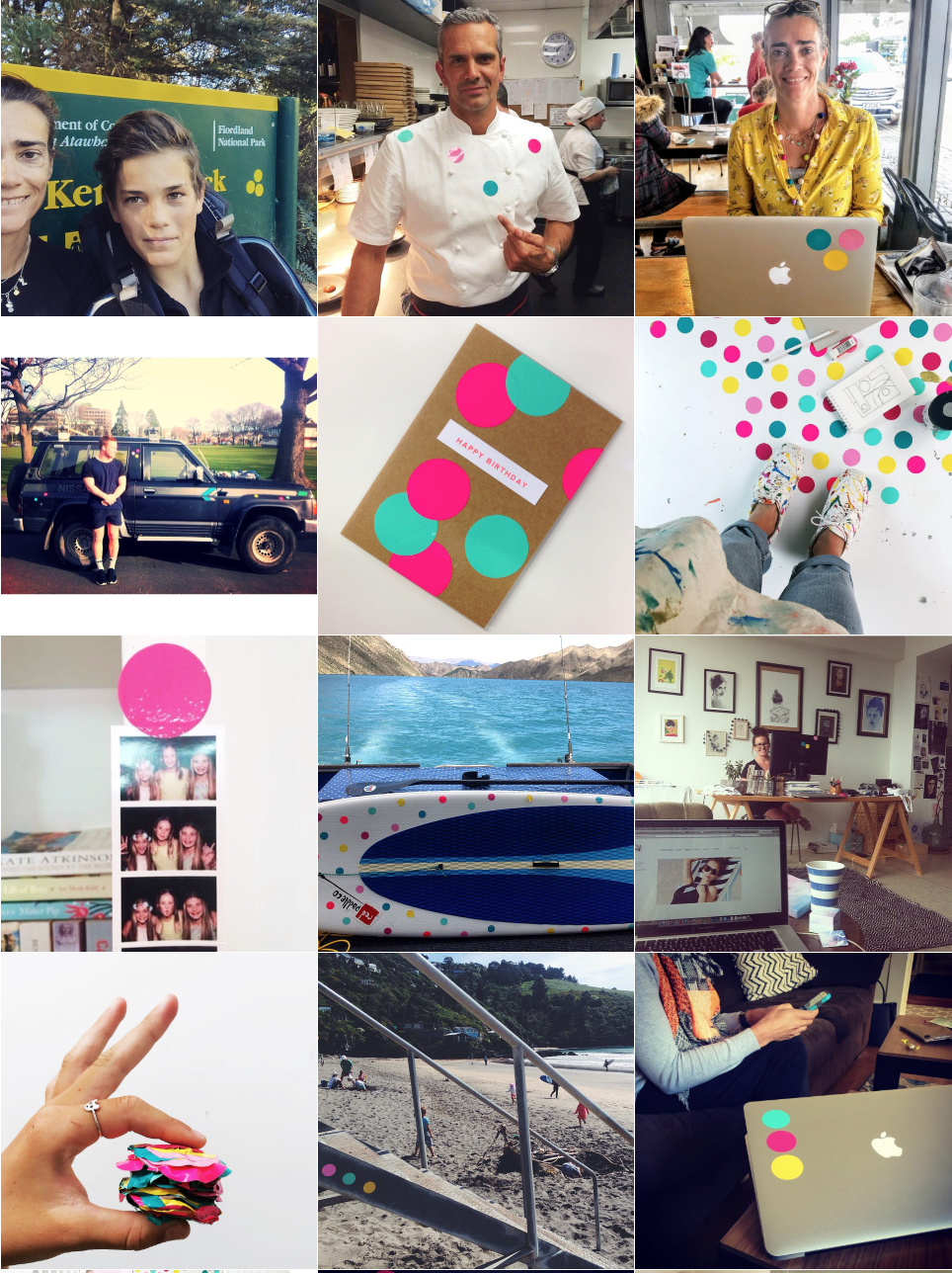 A grid of images showing the many different places people have stuck Abi Dots on things: floors, desks, cars, phones, laptops, and a paddle board.