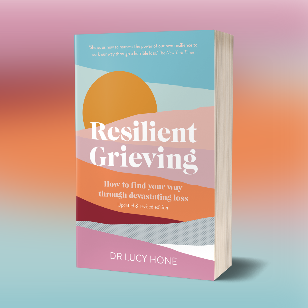 A pastel-colored book titled "Resilient Grieving: How to find your way through devastating loss" by Dr. Lucy Hone. The cover features an abstract design with a large orange circle and layers of soft colors, including blue, pink, orange, and burgundy, against a gradient background transitioning from pink to blue.