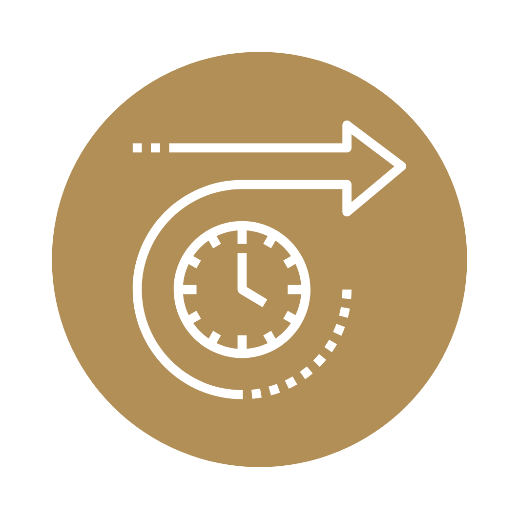 Icon depicting time management, with a clock at the center, a clockwise arrow, and an arrow pointing to the right, on a brown circular background.