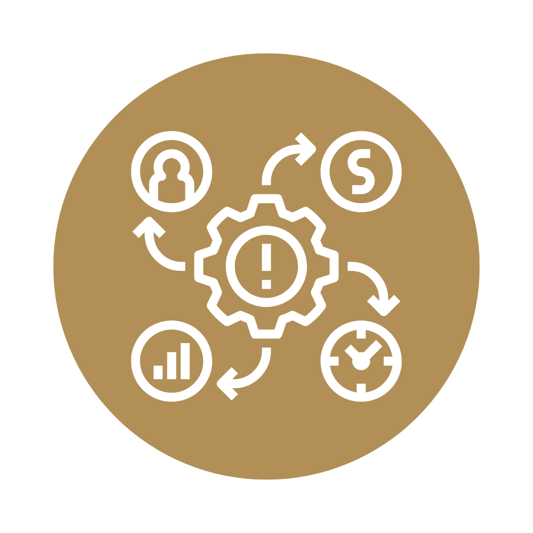 Infographic with gear, user, dollar, clock, and bar chart icons connected by arrows, indicating process or workflow.
