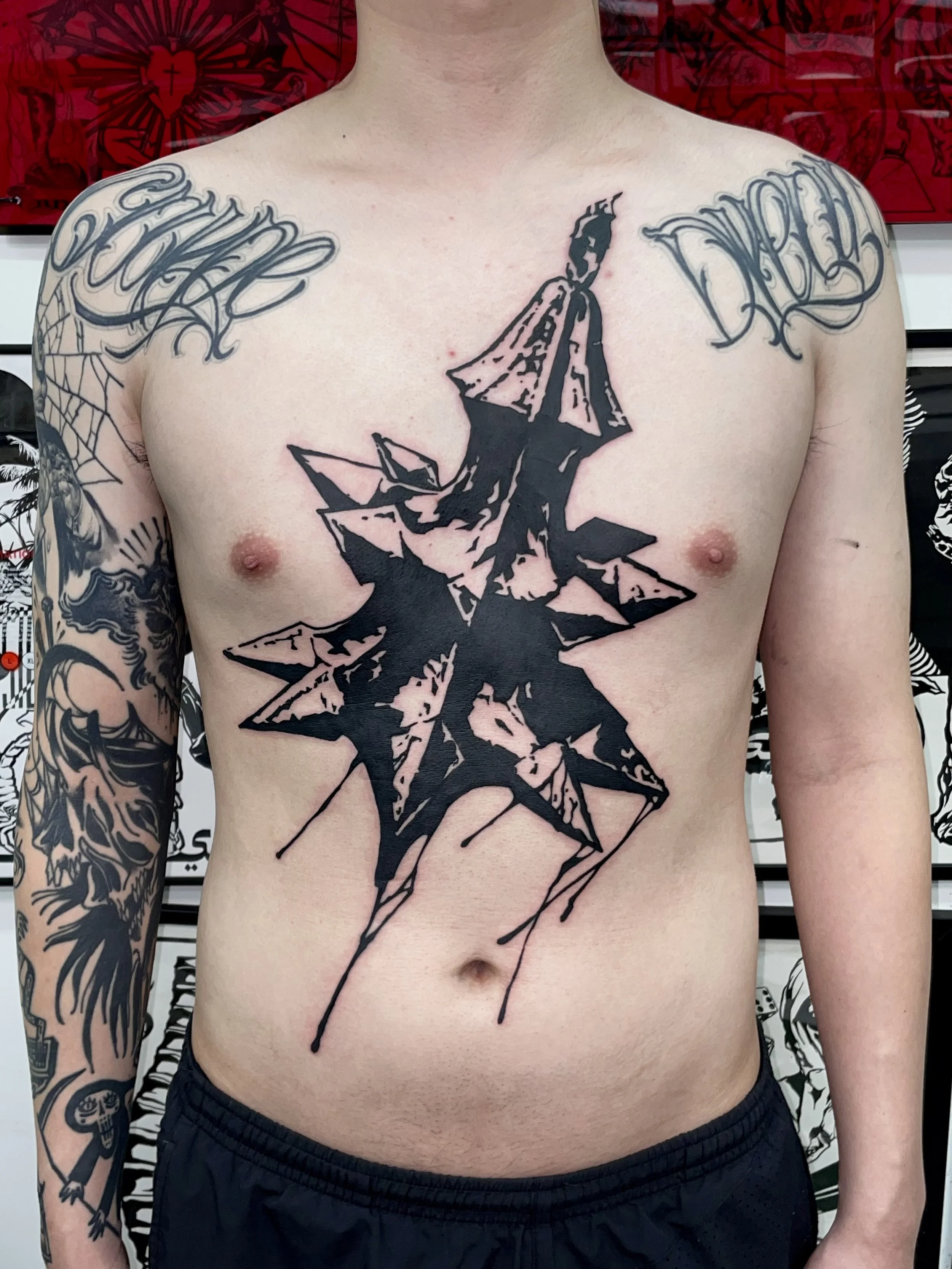 CAIN immaculate scar style Brooklyn NYC tattoo artist blackwork ribs chest armpits meteor hammer weapons tattoo
