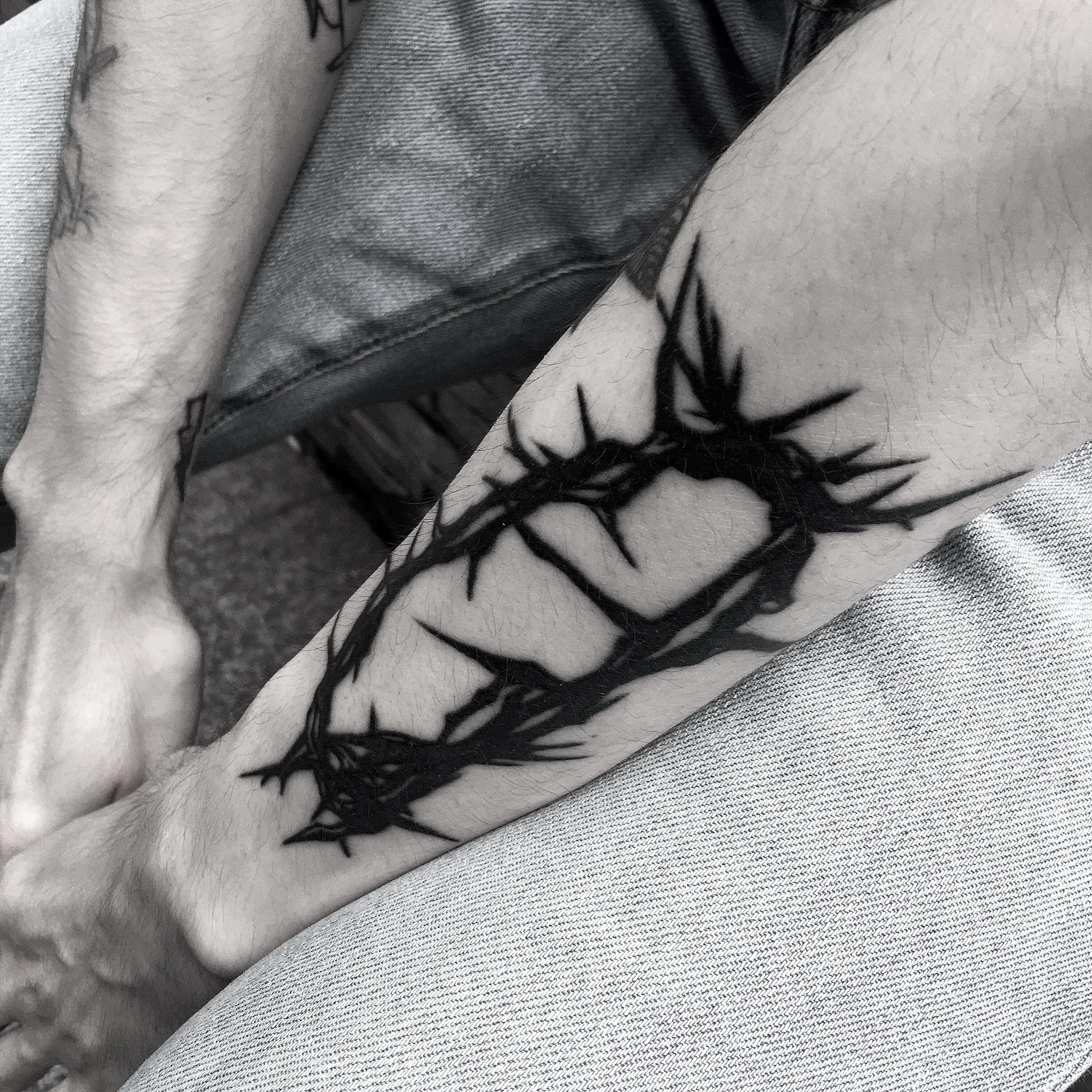 black work/Brooklyn NYC black art/totem forearm thorns tattoo