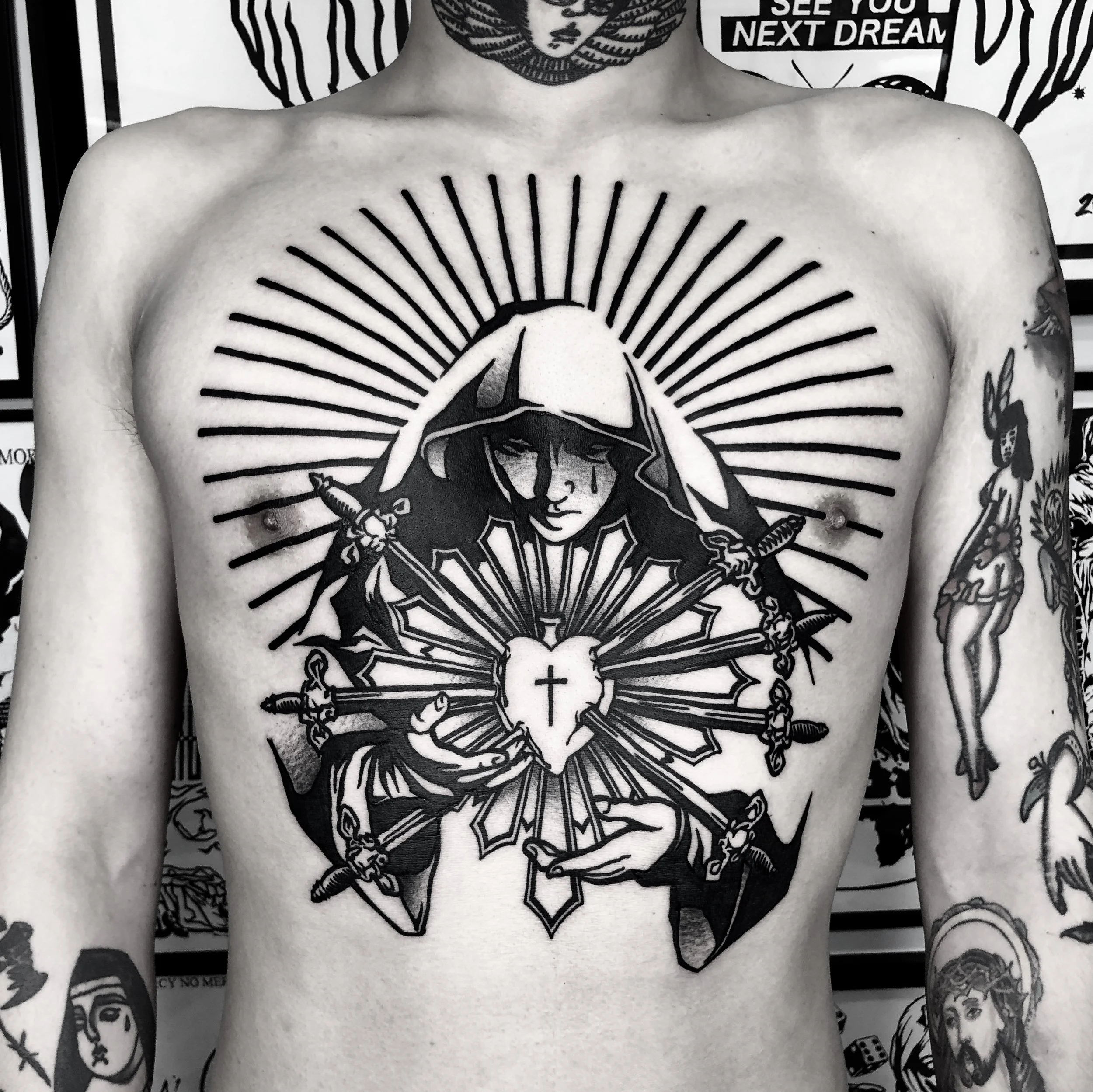 black work/Brooklyn NYC totem cheswt and budy tattoo our lady tattoo